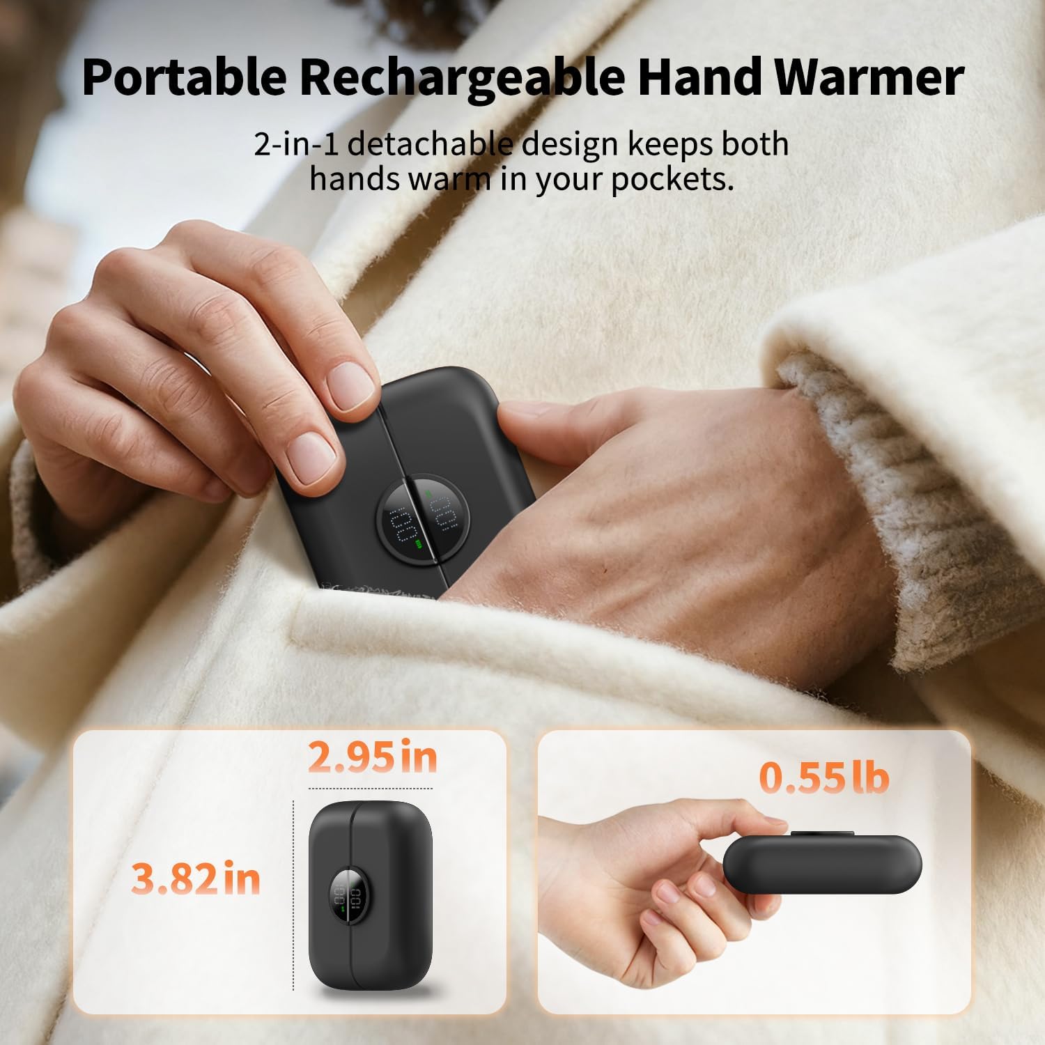 yAyusi Wiederaufladbarer Handwärmer, 2 Stück, 9000 mAh tragbarer Handwärmer, Powerbank, LED-Anzeige, 5 Gänge für schnelles Aufheizen, Geschenk für Golf, Jagd und Camping – Bild 4