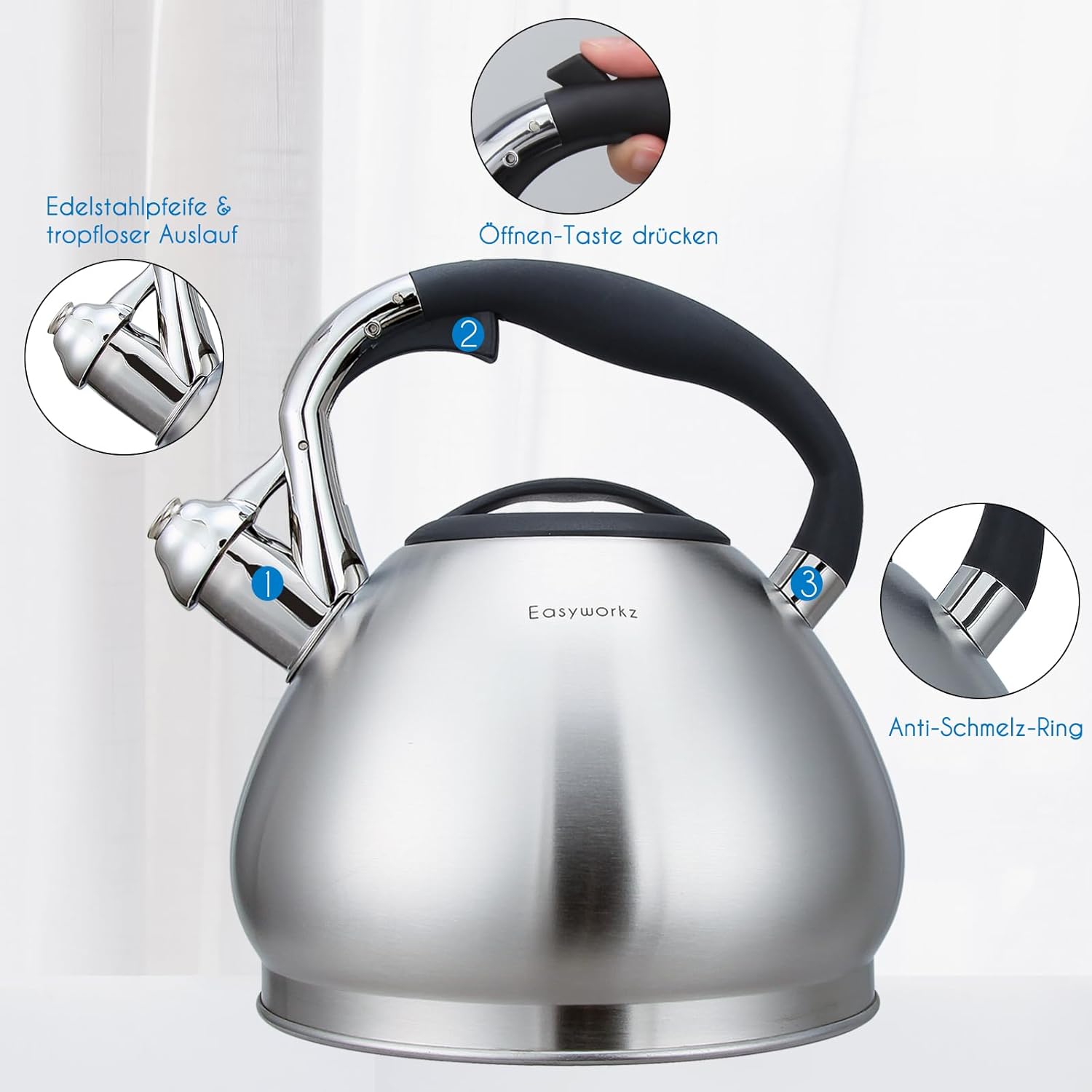 Easyworkz Wasserkocher Induktion Pfeifkessel aus Edelstahl, 2,3 Liter Teekessel für alle Herdarten, Pfeifkessel mit hitzebeständigem und rutschfestem Griff, Wasserkocher für Tee, Kaffee – Bild 4