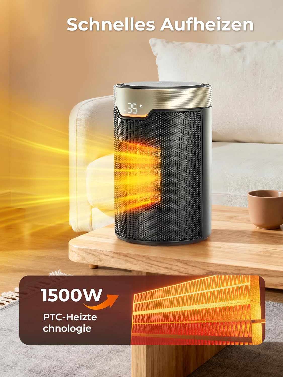Heizlüfter Energiesparend, 24-Stunden-Timer 32 dB Leise 1500 W PTC-Keramik-Elektro-Heizlüfter mit Thermostat, Überhitzungs- & Kippschutz, Elektroheizung für Räume, Schlafzimmer, Eco-Modus, Glod – Bild 2