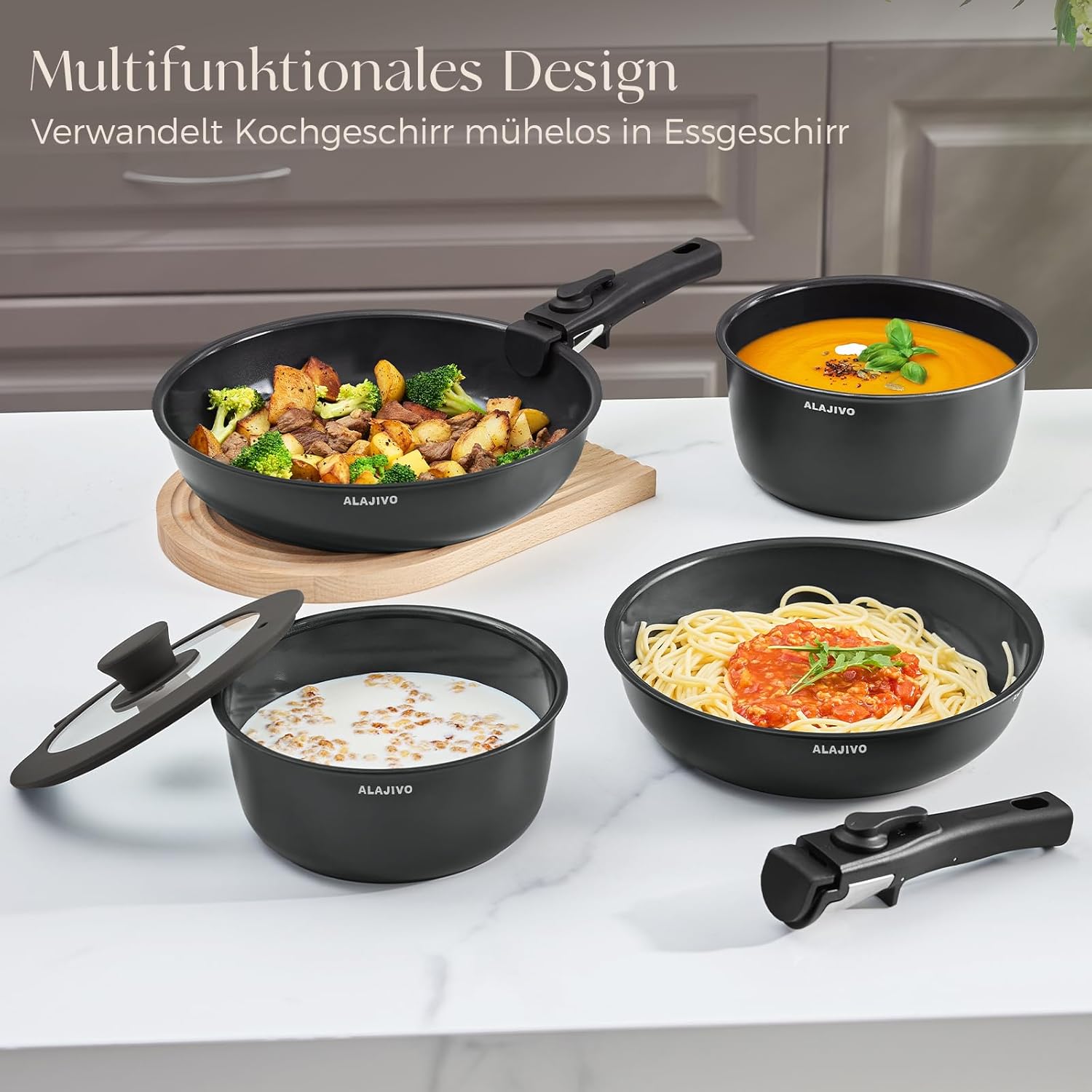 Keramik-Topfset mit abnehmbarem Griff, 14-teiliges Pfannenset mit Antihaftbeschichtung, Topf-Induktions-Kochtopf-Set mit Deckel, 24/28 cm Bratpfanne, für alle Herdarten, ofenfest, ofenfest – Bild 7
