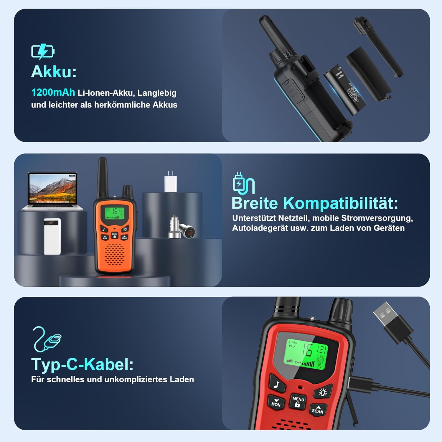 Walkie Talkie 3er-Set Kinder wiederaufladbar, Rabigala-Radios mit 5 km großer Reichweite für Erwachsene, Li-Ionen-Akku, VOX-Freisprecheinrichtung, Taschenlampe LED, LCD – Bild 5