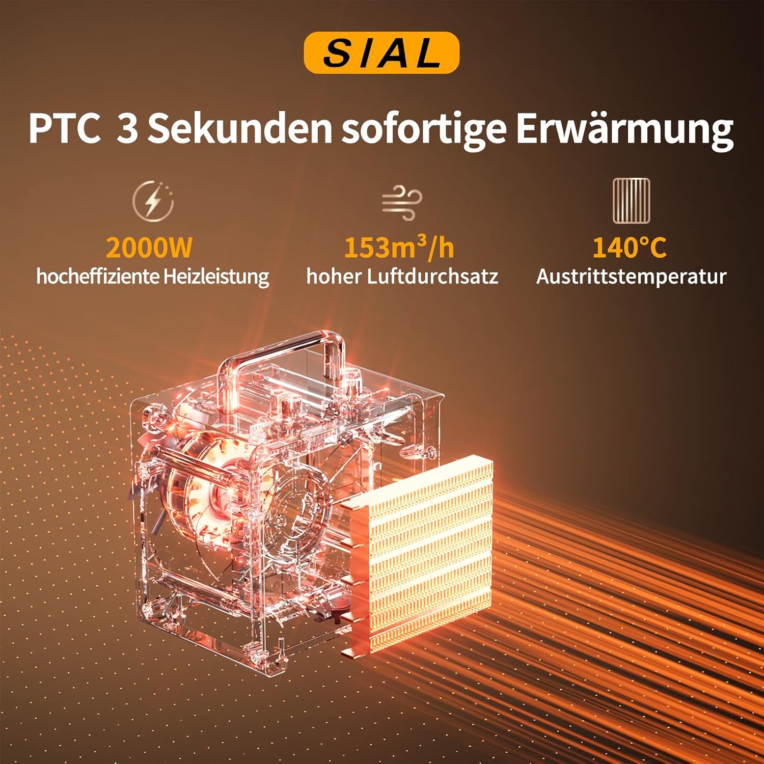 SIAL 2000W Industrielle tragbare Heizlüfter, Elektroheizung, Keramikheizung, Raumheizung, Bauheizung, PTC-Heizung mit Überhitzungsschutz, für Büros, Räume, Badezimmer, Garagen, PA2, Gelb – Bild 3