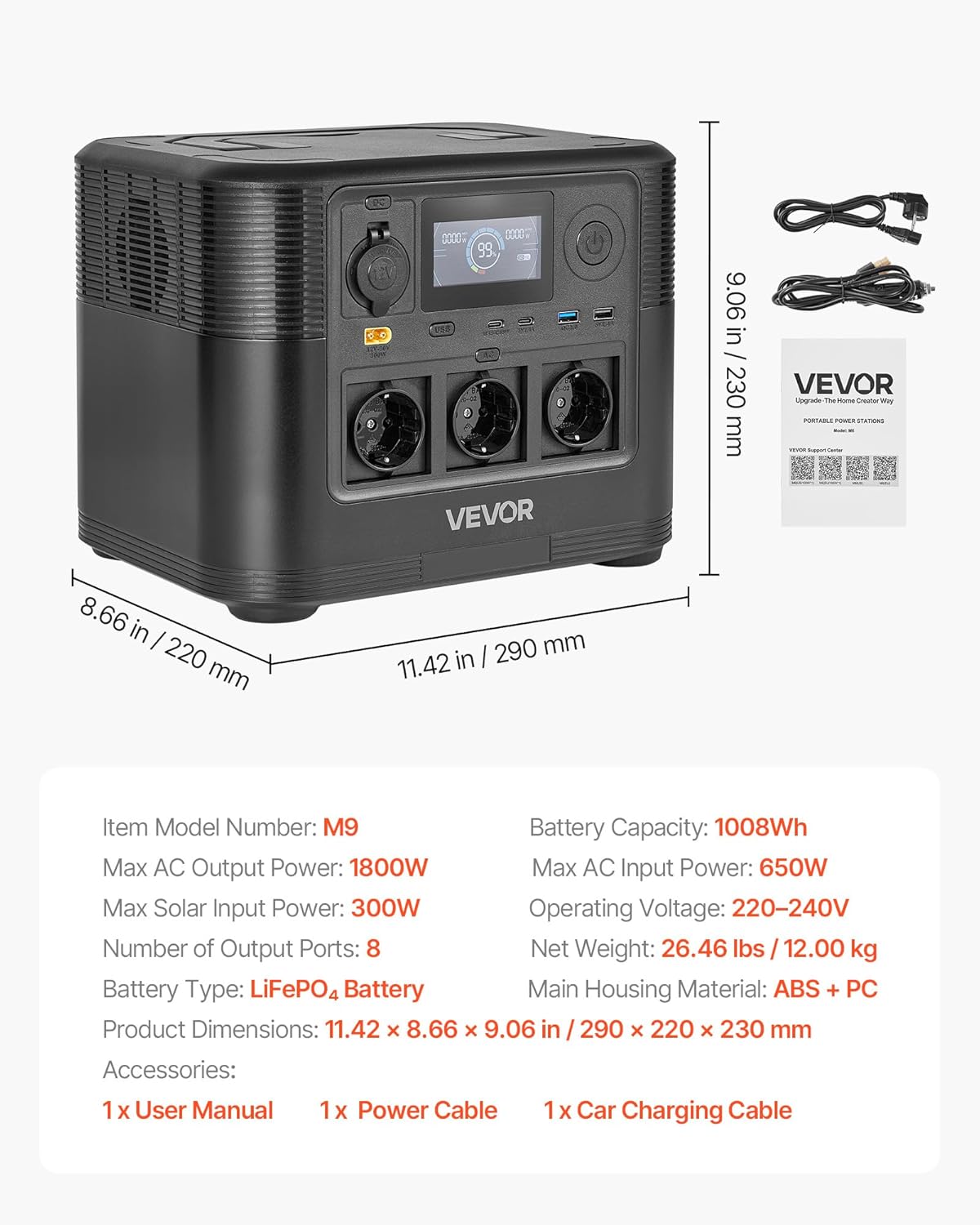 VEVOR Tragbares Kraftwerk, 1800 W Solargenerator, 1008 Wh LiFePO4-Batterie-Backup mit 8 Ausgängen für Notfälle zu Hause, Camping im Freien, Reisen mit dem Wohnmobil (Solarpanel nicht im Lieferumfang enthalten) – Bild 7