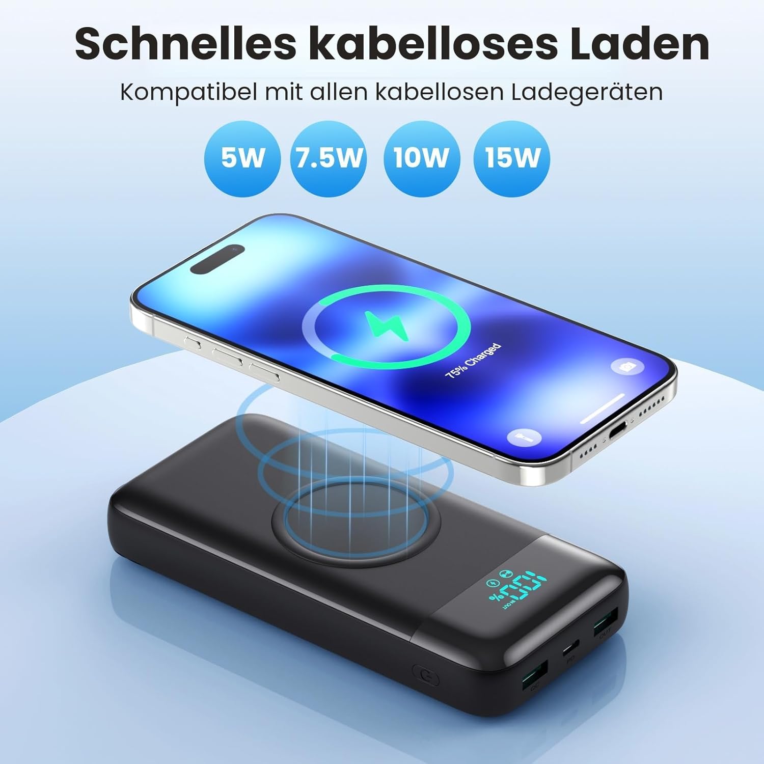 Kabellose Powerbank 26800 mAh mit 3 Kabeln, 7 in 1 25 W PD3.0 + QC4.0 Schnelllade-USB-C-Powerbank, 6 Ausgänge, externe Handy-Akkus mit LCD-Display, kompatibel mit iPhone 17/16/15/14, Huawei, Samsung – Bild 2