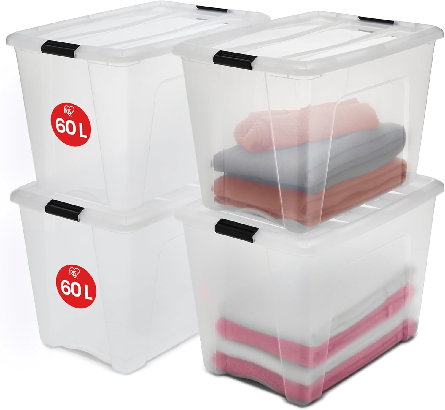 IRIS OHYAMA stapelbare Aufbewahrungsboxen mit Klickverschluss, Kunststoff, transparenter Deckel, 60 l, 4er-Set