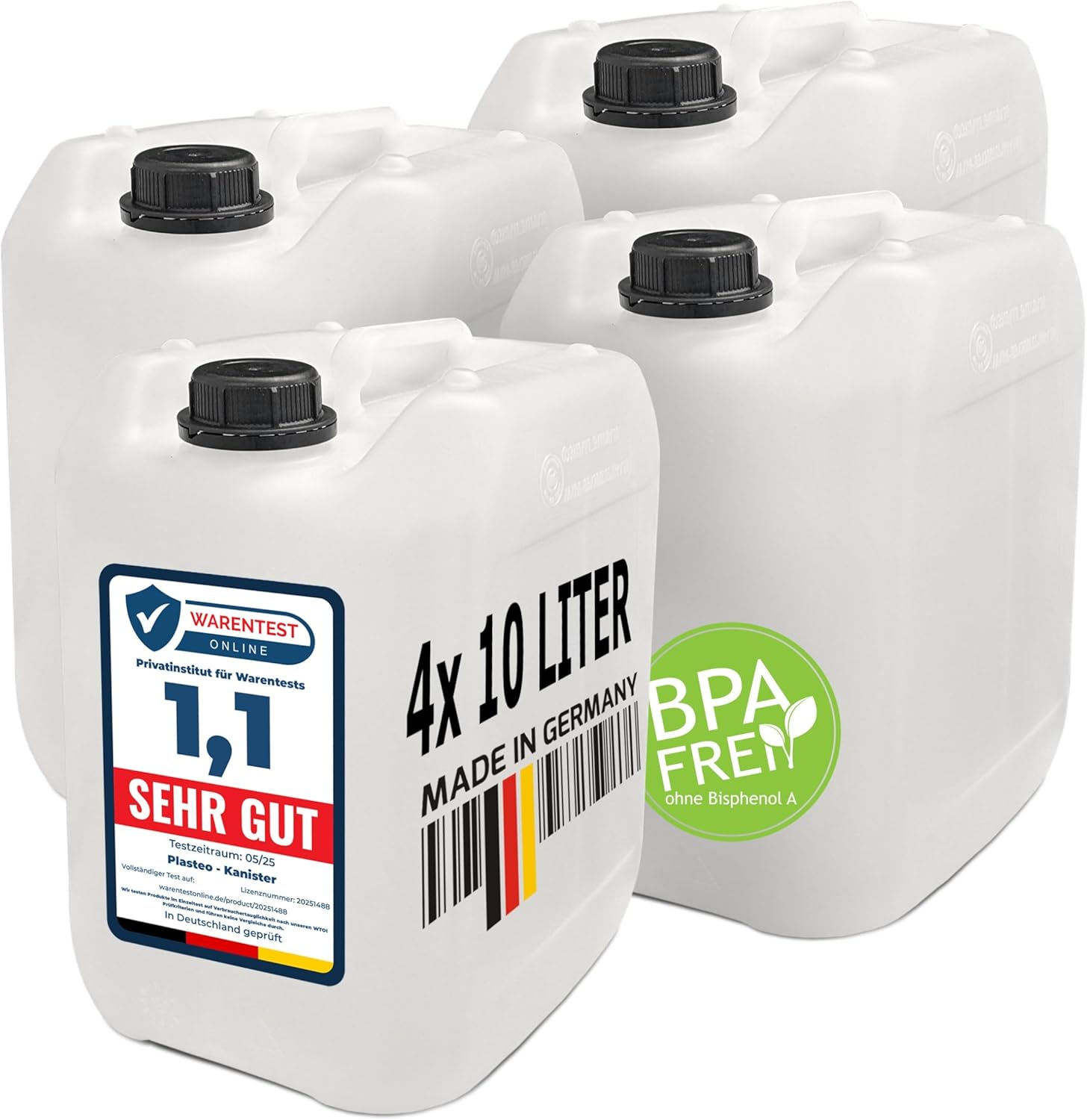 plasteo® 4 x 10 L Trinkwasserkanister, natur, DIN 45, BPA-frei, lebensmittelecht, hergestellt in Deutschland, UN-Zulassung, tragbar, für den Innen- und Außenbereich geeignet