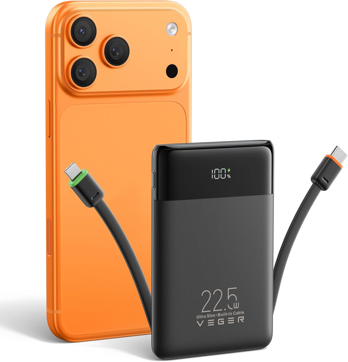 VEGER Powerbank 10000 mAh klein, 22,5 W Schnelllade-Powerbank mit integriertem USB-C-Kabel, externe Handy-Akkus, 4 Ausgänge, 3 Eingänge, kompatibel mit iPhone 17 16 13 Samsung, Travel Essential, Schwarz