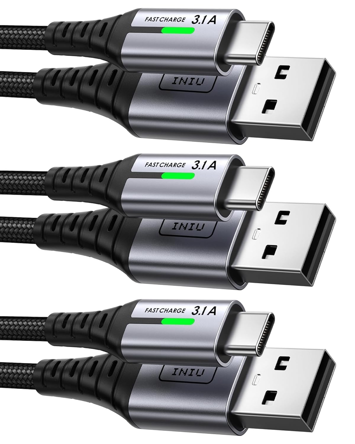 INIU USB auf USB C Kabel, (3 Stück 2 m/2 m/0,5 m), Laden USB-C Nylon Datenkabel, 3,1 A PD Schnellladekabel USB-C für Samsung Galaxy S22 S20 S10 iPhone 15 Huawei P30 Pixel 7 iPad Air Xiaomi PS5