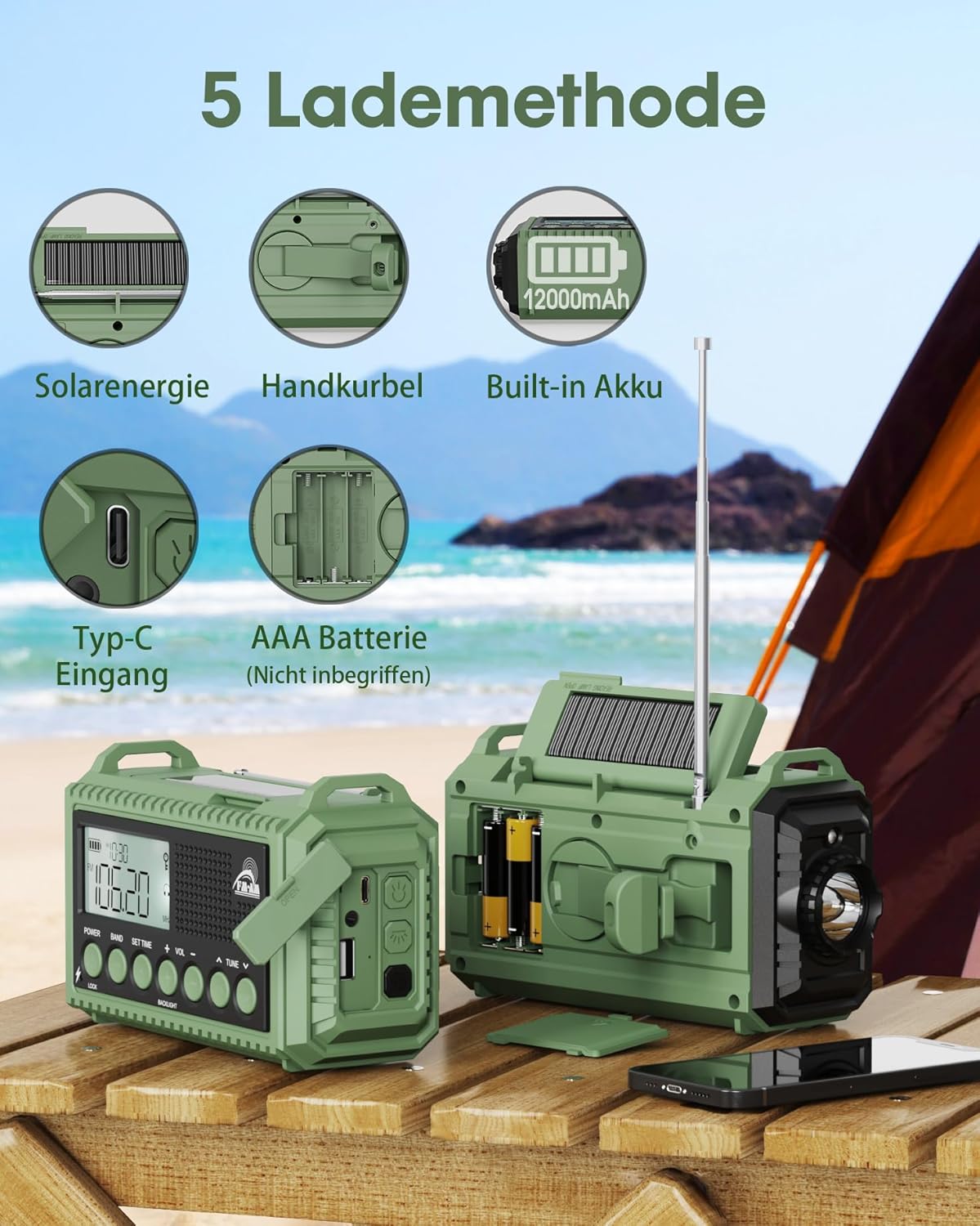 12000 mAh Kurbelradio, Solar- & Kurbel-Notfallradio, tragbares Retro-Radio mit Weltempfänger, AM/FM/SW-Radio, als Taschenlampe & Leselampe, USB-Handy-Ladegerät, SOS-Alarm, für Camping, Notfall, Blackout – Bild 4