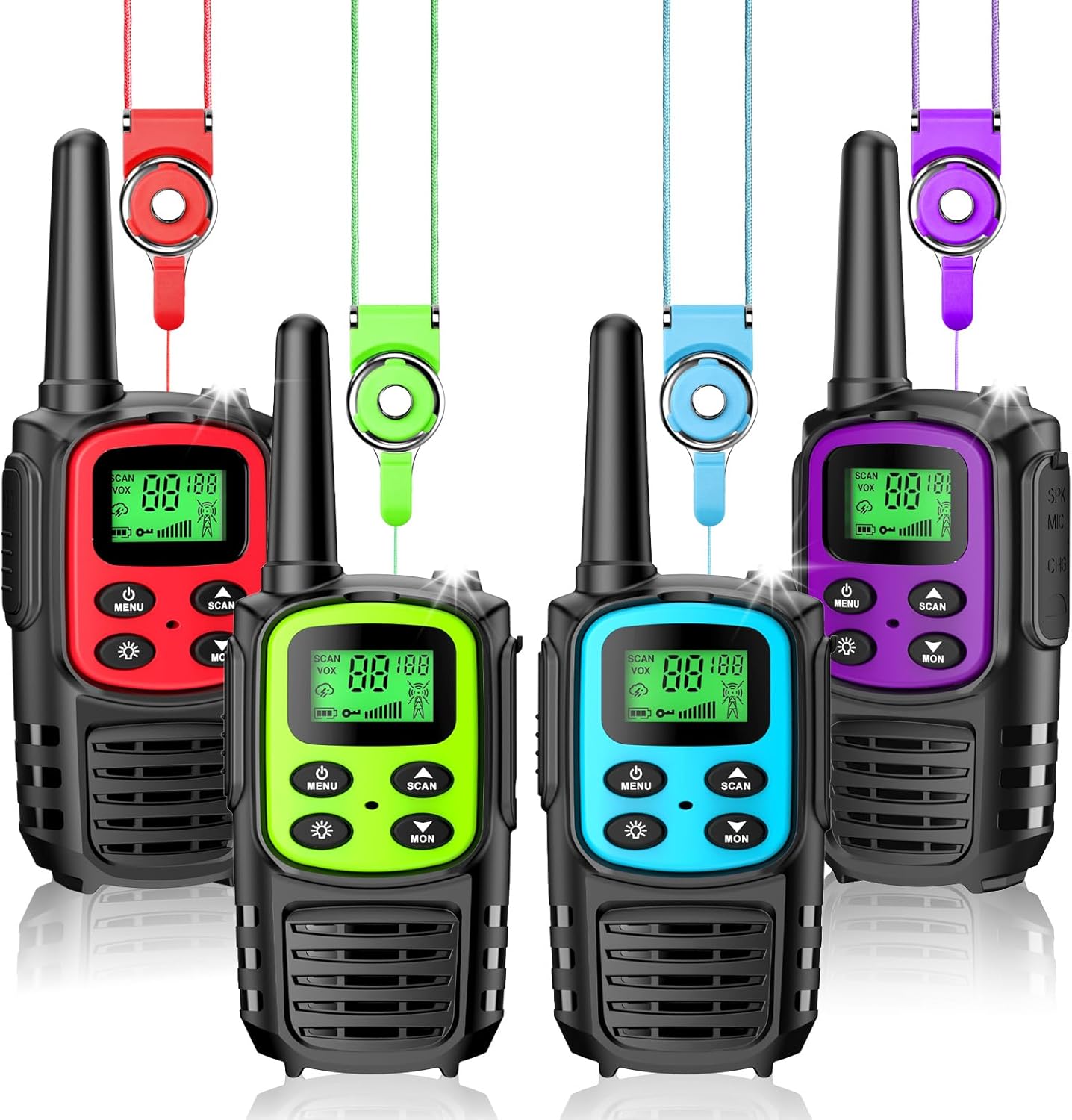 Walkie Talkie Set mit 4 Walkie Talkies für Erwachsene Kinder, 20 Kanäle mit 1200 mAh Li-Ionen-Akku/VOX/LED-Taschenlampe/USB-C-Kabel/5 km Reichweite/Tastatursperre für Camping, Wandern, Geschenk