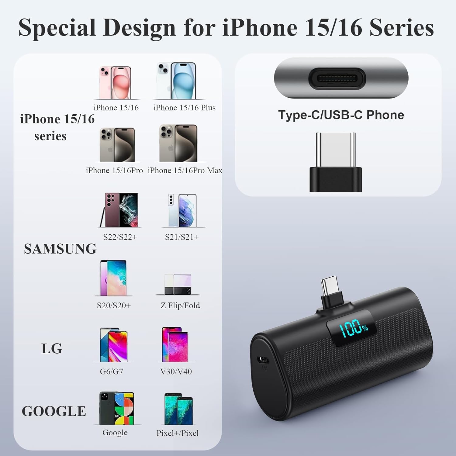 Mini-Powerbank 5200 mAh, kleine Powerbank USB C PD externer Akku, kompakter Akku mit LCD-Digitalanzeige, kompatibel mit iPhone 15/16/17-Serie, Samsung S25/24-Serie, Note, Huawei, iPad Schwarz – Bild 6