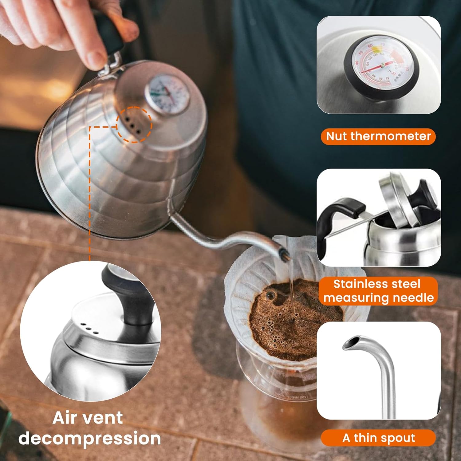 Schwanenhals-Wasserkocher: 1200 ml / 40 oz Edelstahl-Wasserkocher Kaffeekanne Wasserkocher Schwanenhals mit Thermometer für alle Herdarten Langlebig, leicht zu reinigen – Bild 4