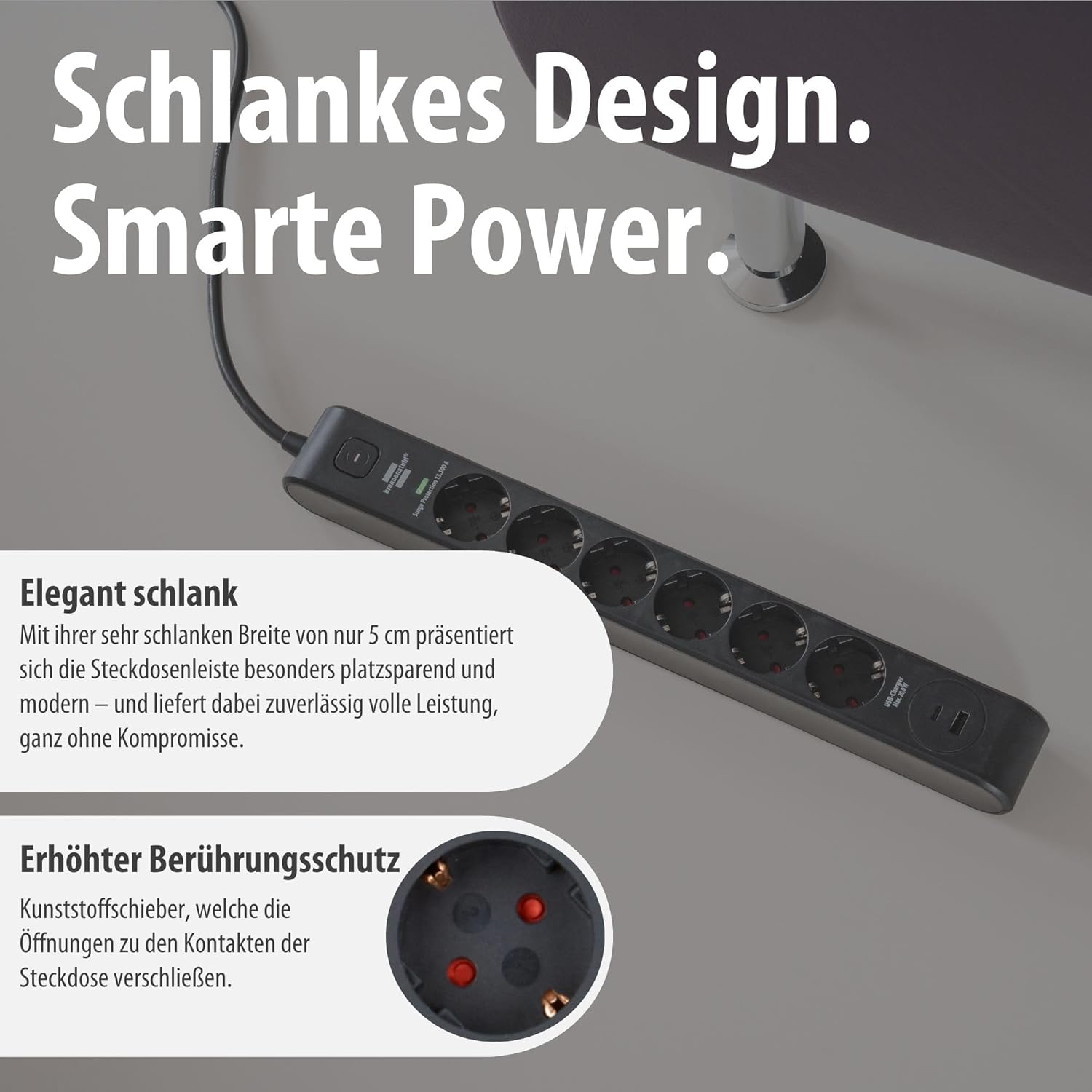 Brennenstuhl 6-fach Steckdosenleiste mit USB und Überspannungsschutz | Mehrfachsteckdose mit 1 x USB C PD 20 W zum Schnellladen und 1 x USB A 20 W, Schalter, 2 m Kabel, schwarz – Bild 5