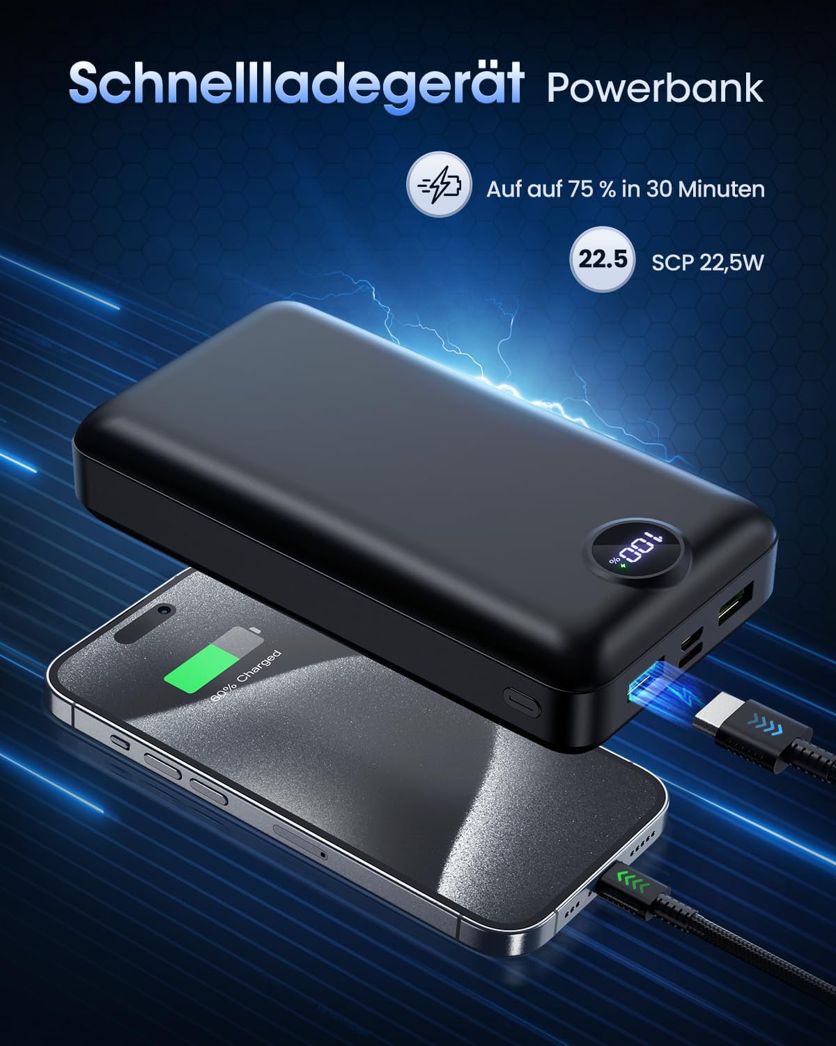 PowerBank 50.000 mAh, große Kapazität, 3-in-1-Ladekabel, 22,5 W, externer Schnellladeakku, USB-C 3 Ausgänge und 2 Eingänge, LED-Anzeige, Powerbank, kompatibel mit iPad, iPhone, Android usw. Schwarz – Bild 7