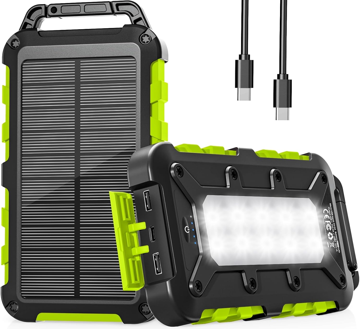 Solar Powerbank 10000 mAh, PD15W Tragbares Solar-Ladegerät USB C Externer Akku Outdoor Wasserdichts mit LED-Licht und 3 Ausgängen für Smartphones Tablets Camping, Grün