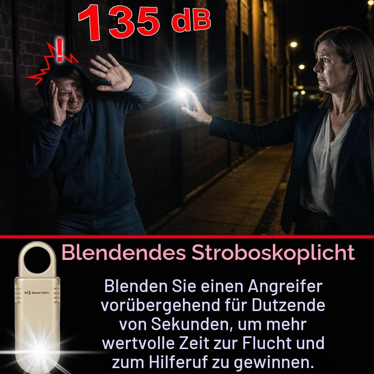 135 dB wiederaufladbarer persönlicher Alarm mit ultraheller Taschenlampe. Rutschfester Schlüsselanhänger, Notfallsirene für Frauen und Kinder. SOS-Sirenen- und Bärenabwehralarm zum Wandern. Gold – Bild 3