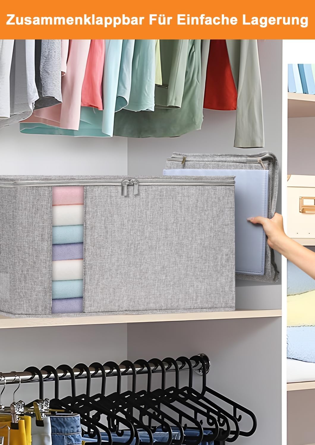 60L Aufbewahrungsboxen 2er Pack für Bettdecken, Decken, Bettwäsche und Kleidung, faltbare, formstabile Stoffboxen mit doppeltem Reißverschluss, Sichtfenster, starke Griffe, stapelbar, wasserdicht, grau – Bild 6