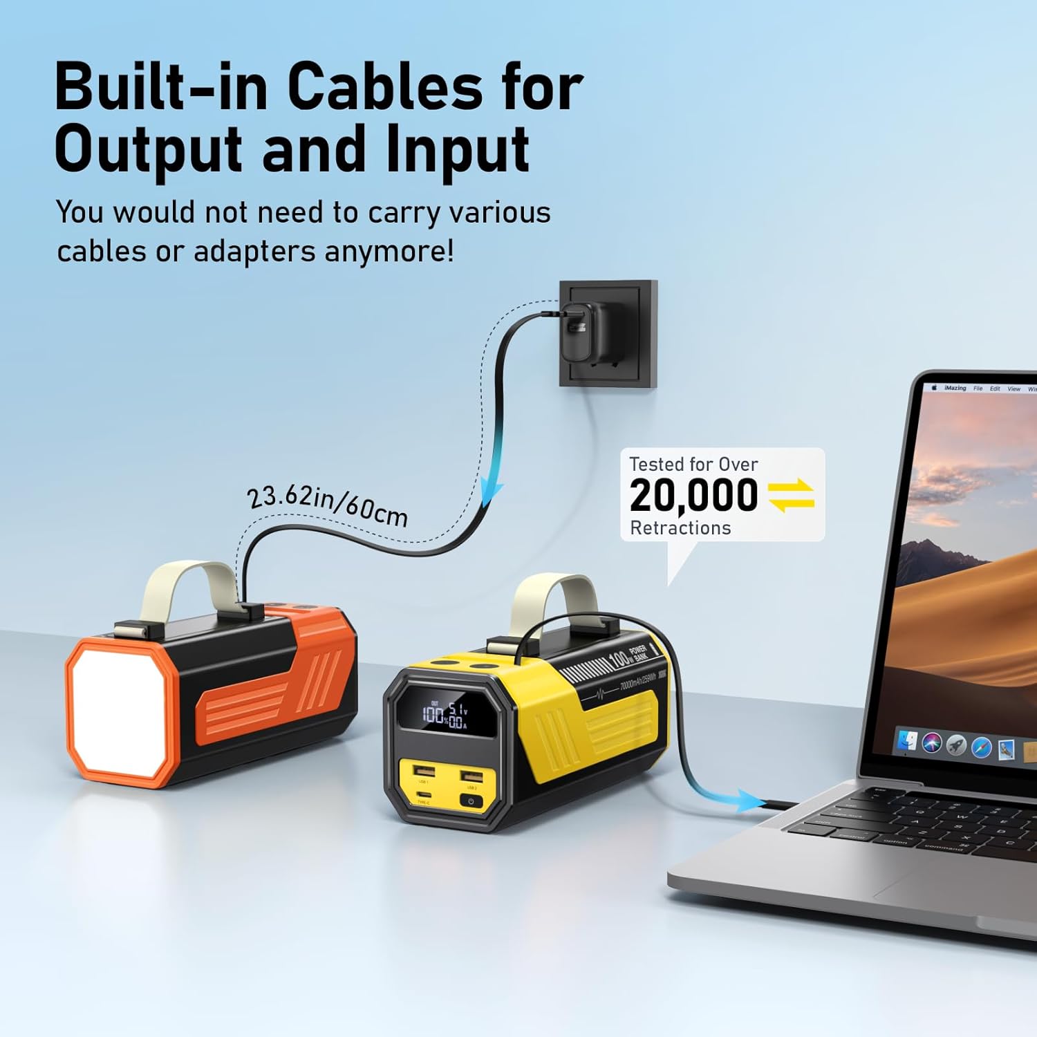 Laptop Powerbank 70.000 mAh, Powerbank 100 W USB-C mit integriertem & einziehbarem Kabel, externer Akku mit LED-Taschenlampe für Laptop, iPhone, iPad, Tablet, Samsung Reisen Camping Outdoor (Gelb) – Bild 5