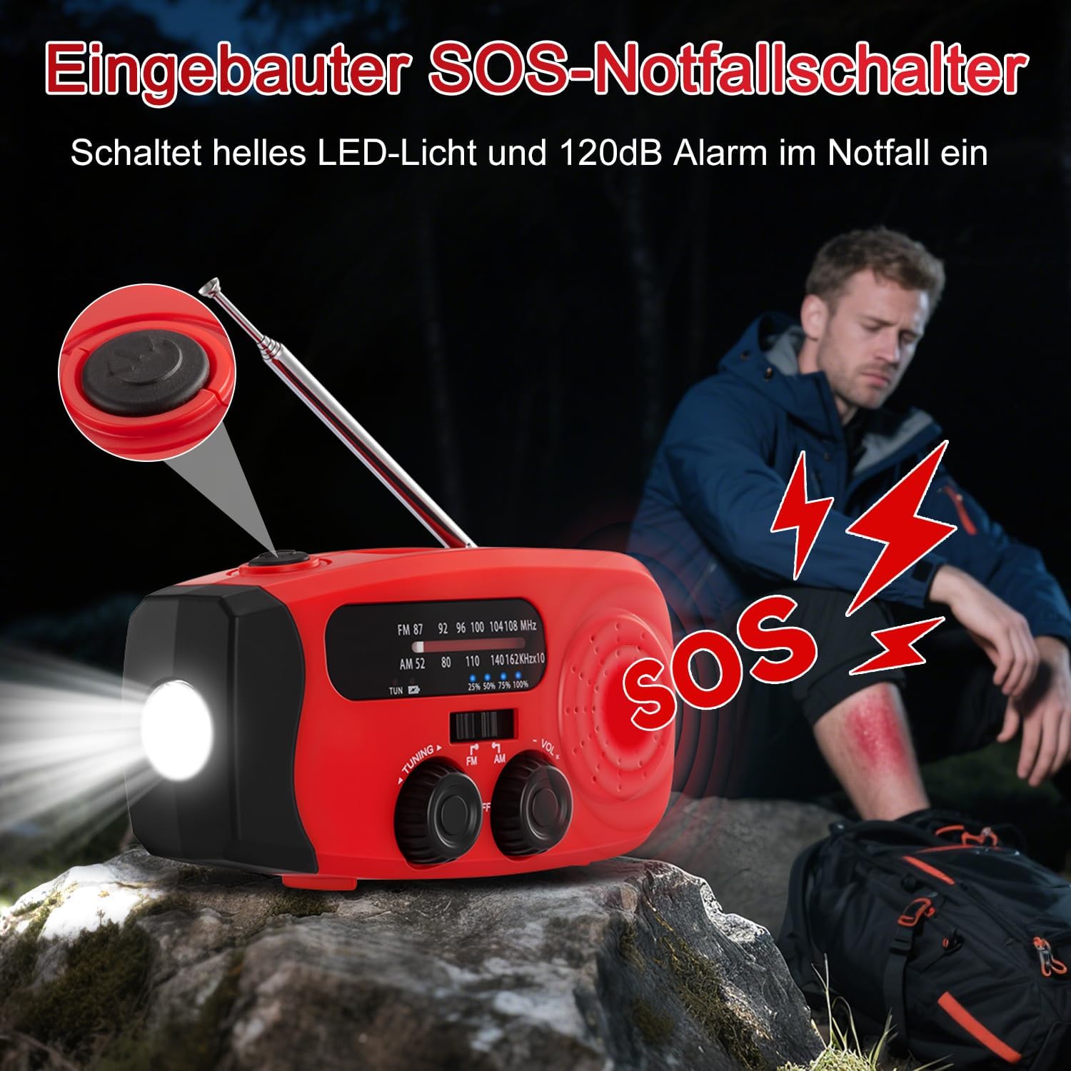 Kurbelradio, 2000 mAh Notfallradio Solarradio Power Bank, AM/FM Radio Batteriebetriebene Notfallausrüstung mit USB-Handy-Ladegerät und Taschenlampe, SOS-Alarm für Überleben, Ourdoor, Camping – Bild 7