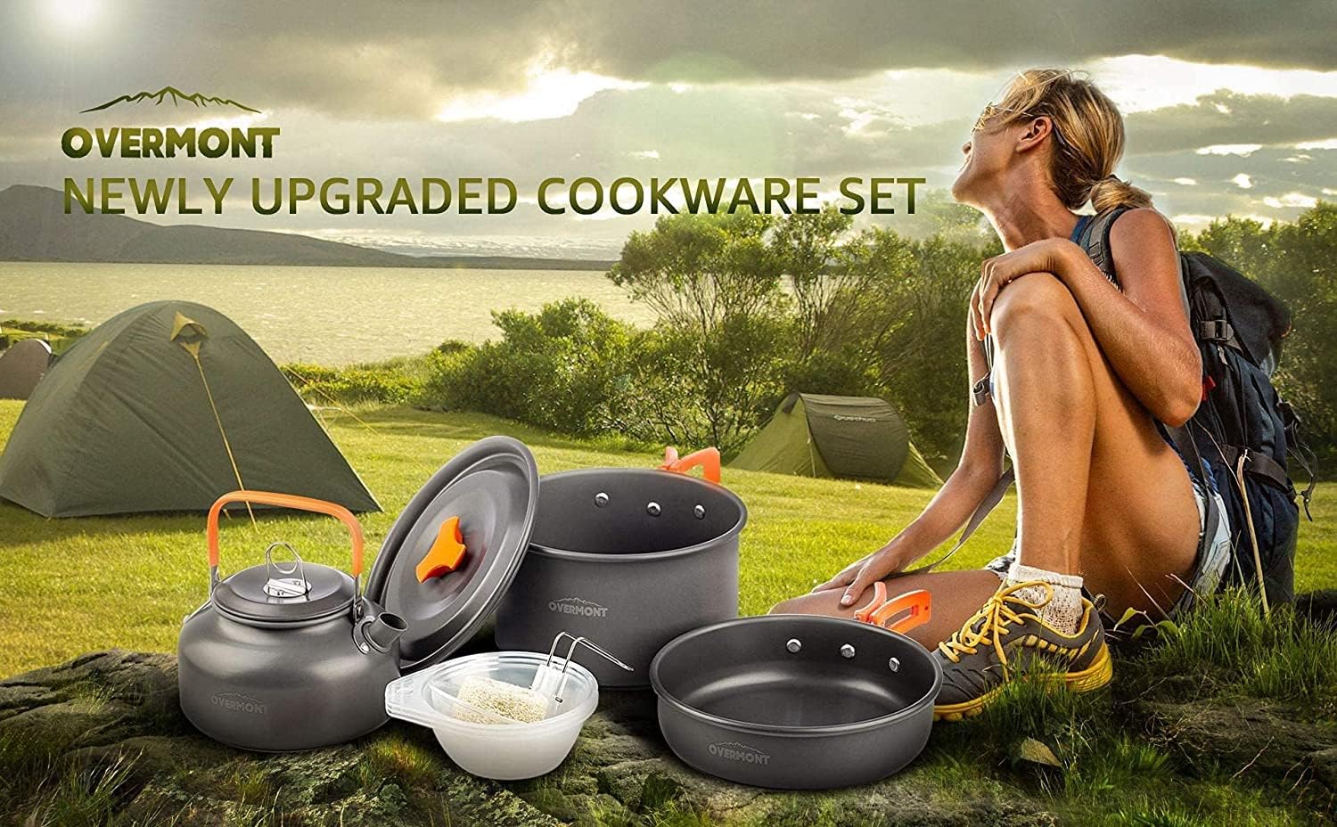 OVERMONT Camping-Kochgeschirr-Set, Outdoor-Geschirr-Set, Kochtopf-Set, Grillgeschirr, Picknick-Topf mit Kaffeekanne, Teekanne, Aluminium – Bild 6