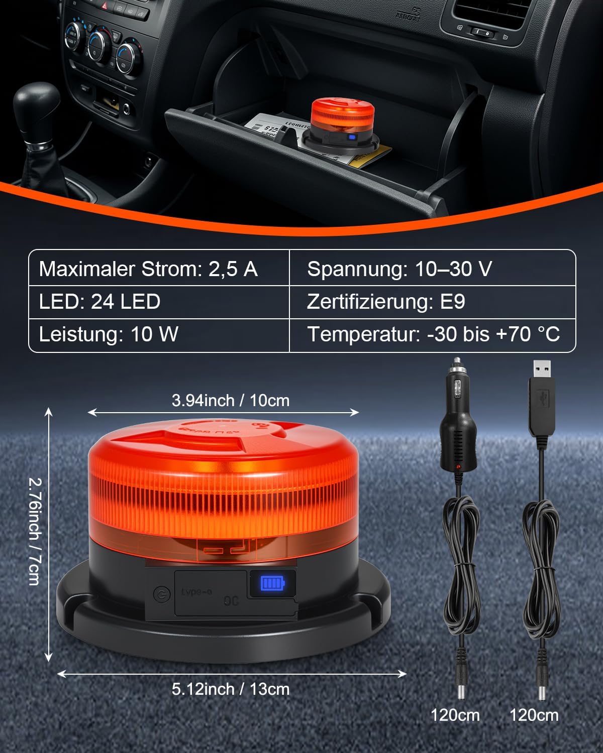 Dinfu Rotierender Akku mit Display, 9 Blinkmodi, LED-Blitzlicht, 12 V, magnetisches orangefarbenes Warnlicht mit Auto-Ladegerät und USB-Kabel für Auto, LKW, Traktor, Golfwagen, SUV – Bild 6