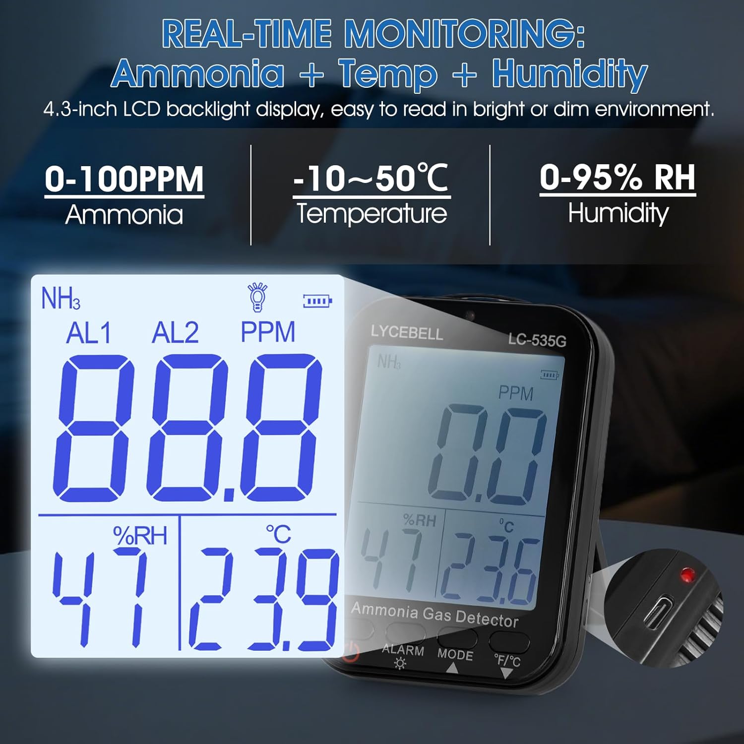 535G Ammoniak-Gasdetektor, NH3-Monitor 0–100 ppm mit Doppelalarm, wiederaufladbarer tragbarer Gasleckdetektor für Bauernhof/Industrie/Zuhause, Temperatur- und Luftfeuchtigkeitsanzeige – Bild 5