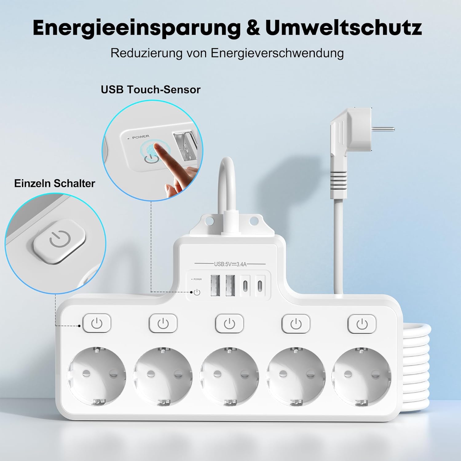 Steckdosenleiste mit Überspannungsschutz, 5-fach & einzeln schaltbar mit 2 USB-A und 2 USB-C – Wandmontage in Küche, Büro, Wohnzimmer, 1,8 m Kabel, 4000 W/16 A – Bild 5