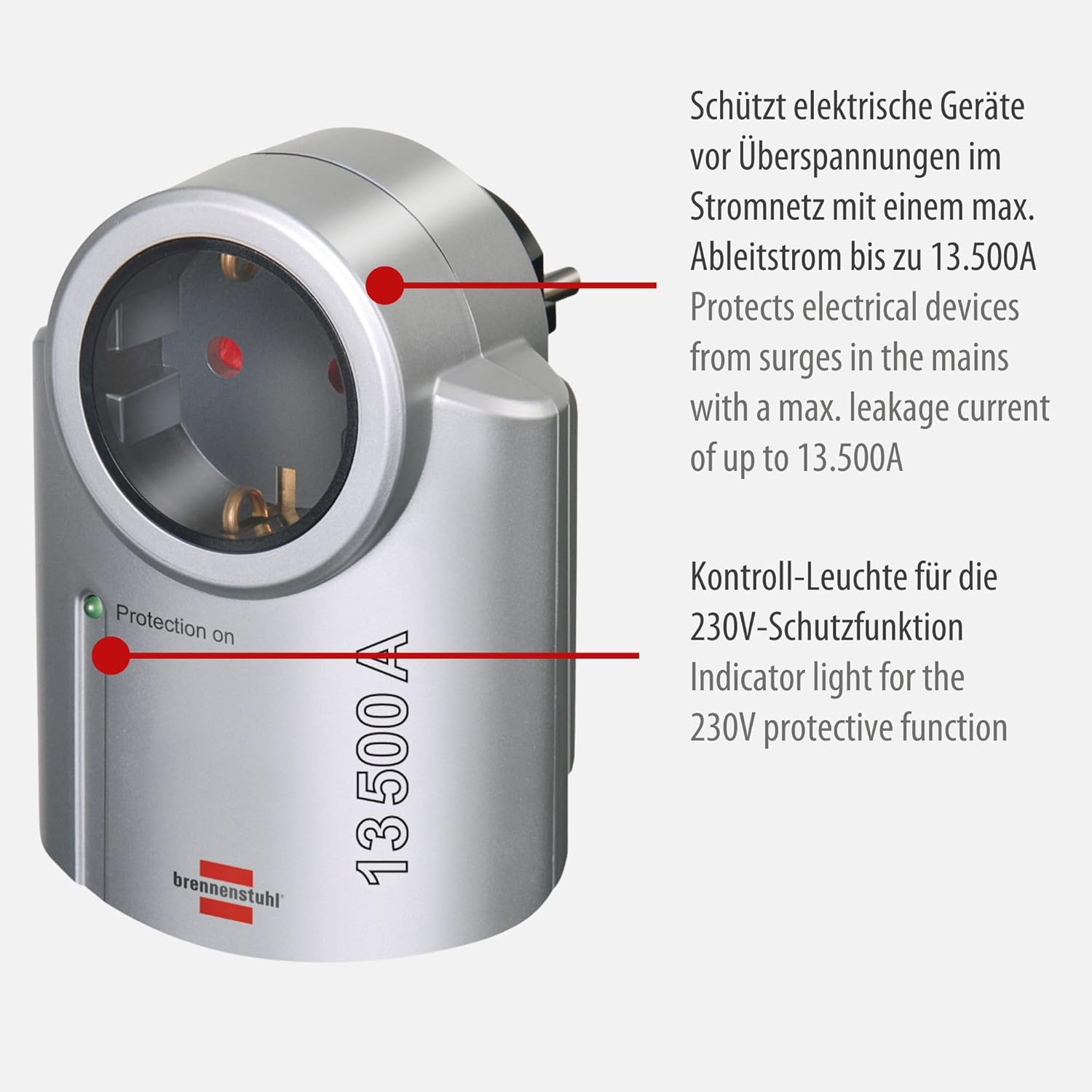 Brennenstuhl Primera-Line Steckdosenadapter mit Überspannungsschutz 2er Set (Adapter als Blitzschutz für Elektrogeräte) silber/schwarz – Bild 2