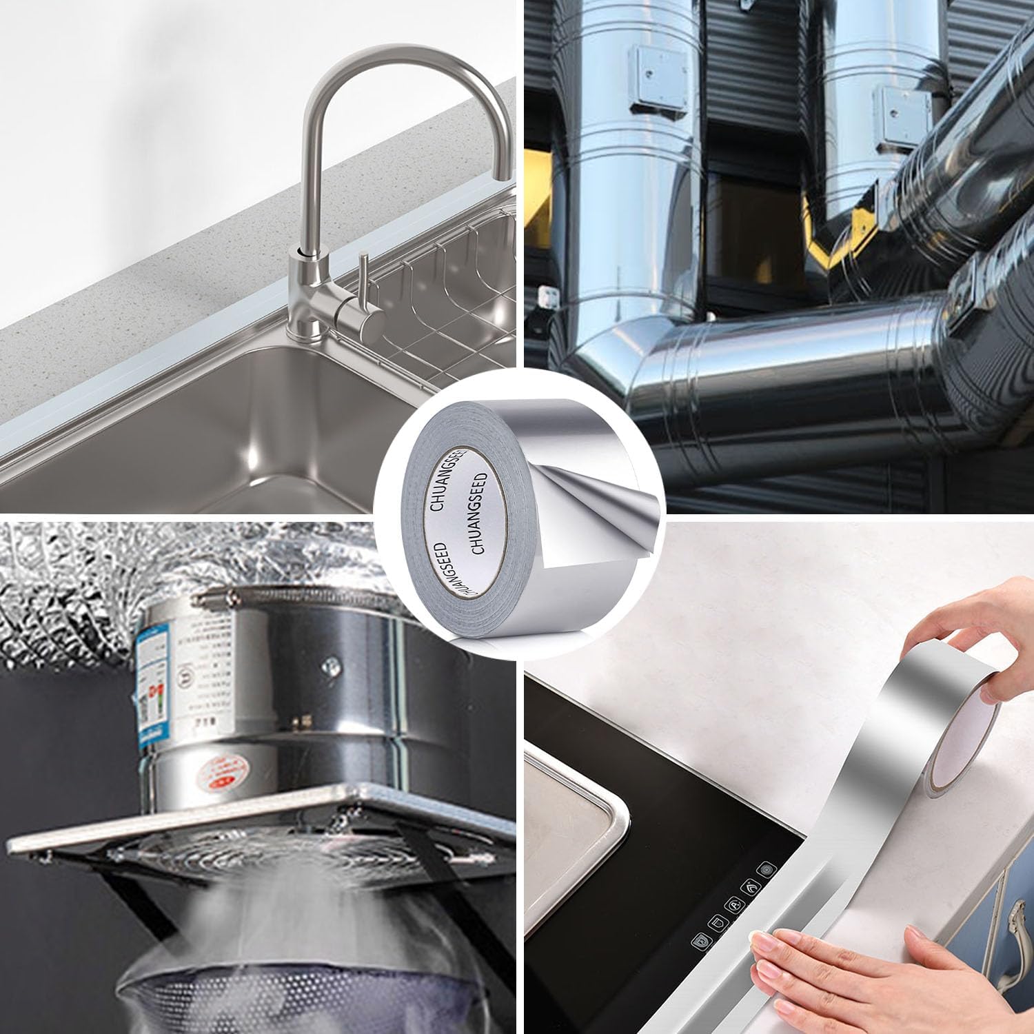 CHUANGSEED 1 Rolle Aluminium-Klebeband 100 mm x 50 m, Aluminium-Klebeband für Kücheninstallationen, Abschirmung und Isolierung, Dichtungsreparatur, selbstklebendes Aluminiumfolienband, hohe Temperaturbeständigkeit – Bild 2