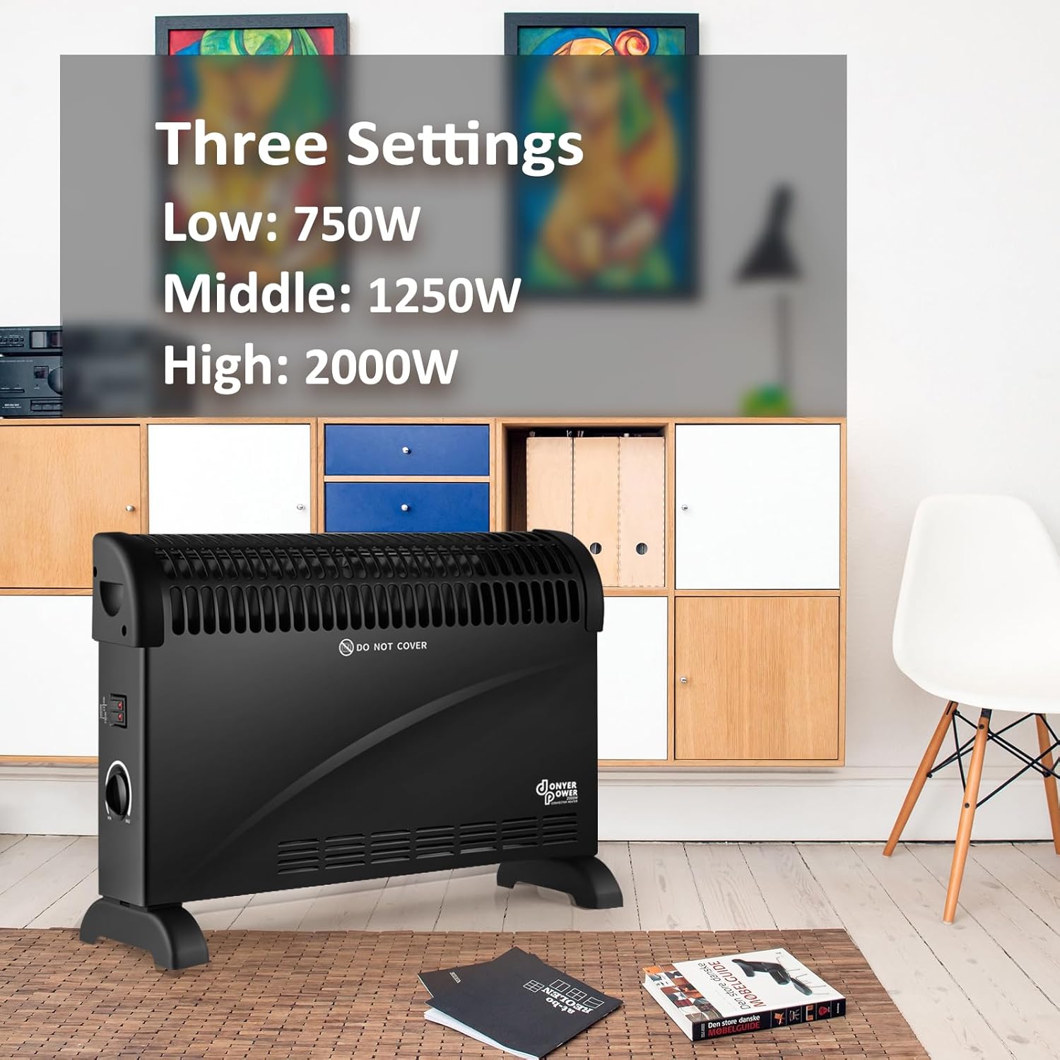 Donyer Power 2KW Konvektor mit Thermostat – leise – Wandmontage | 3 Heizstufen (750 W/1250 W/2000 W) – Leiser Betrieb – Stand- und Wandmontage – sofort einsatzbereit – Bild 4