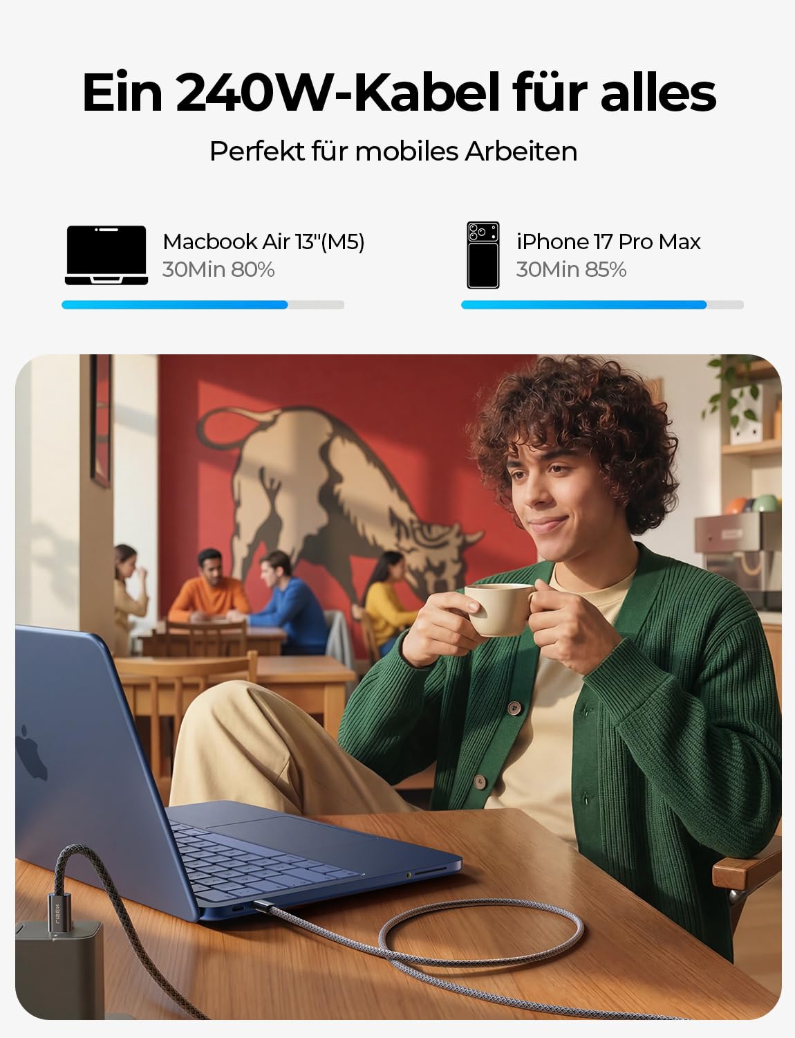 LISEN 240 W USB-C auf USB-C Kabel, 2 m, 2 Stück, iPhone 17 Pro, Samsung Schnellladekabel, PD3.1 Ladekabel USB-C, Galaxy S25/S24, iPhone 16/15 Pro Max, Xiaomi, MacBook Pro/Air, iPad, Dunkelblau | Für MacBook/iPad/iPhone/Samsung, integrierter E-Marker-Chip + 48-faches Geflecht, abwärtskompatibel mit allen USB-C-Geräten – Bild 2