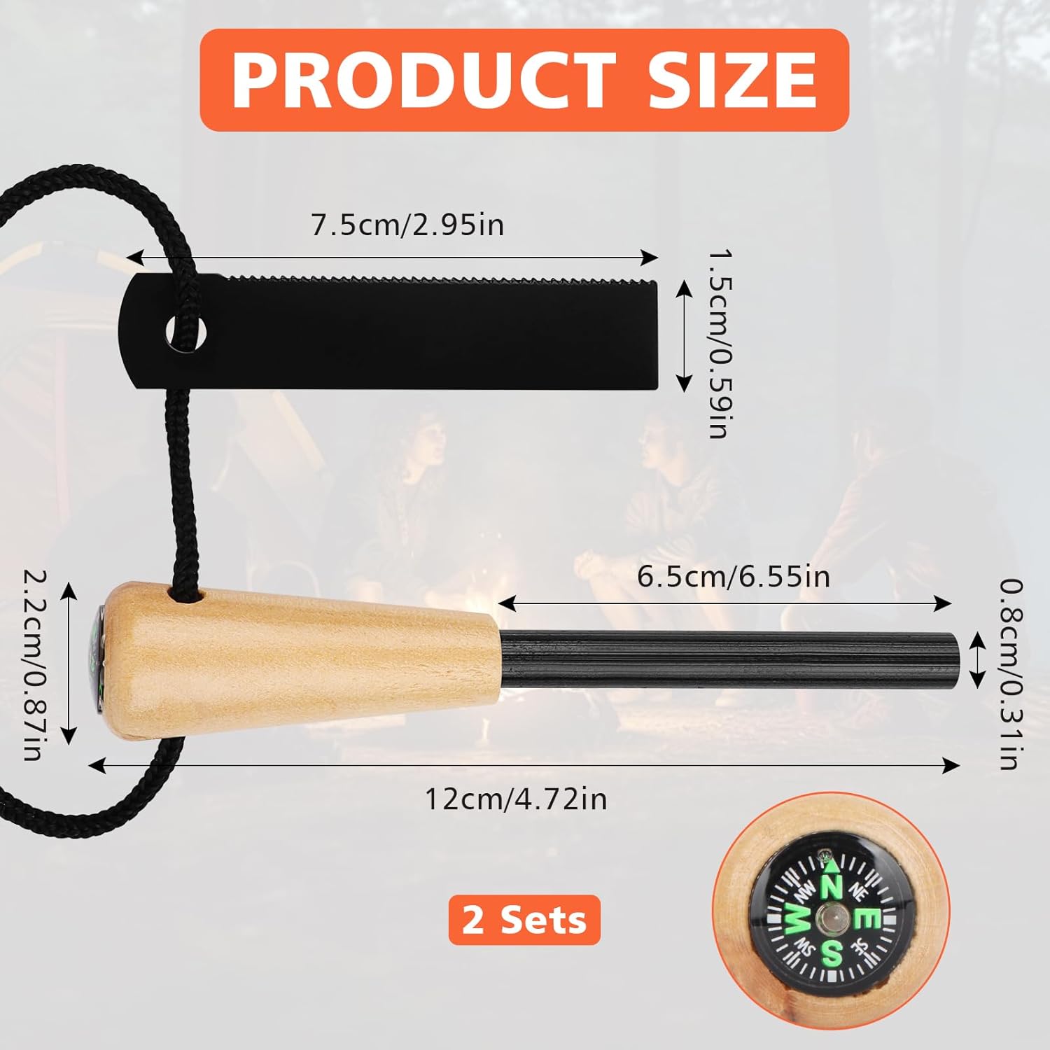 Outdoor-Feuerstahl-Überlebensfeuerstein mit Holzgriff und Kompass, 2 Stück | Magnesium Feueranzünder Survival Set, Feueranzünder aus Feuersteinstahl, Survival Kit für Bushcraft, Camping, Wandern, Lagerfeuer – Bild 2