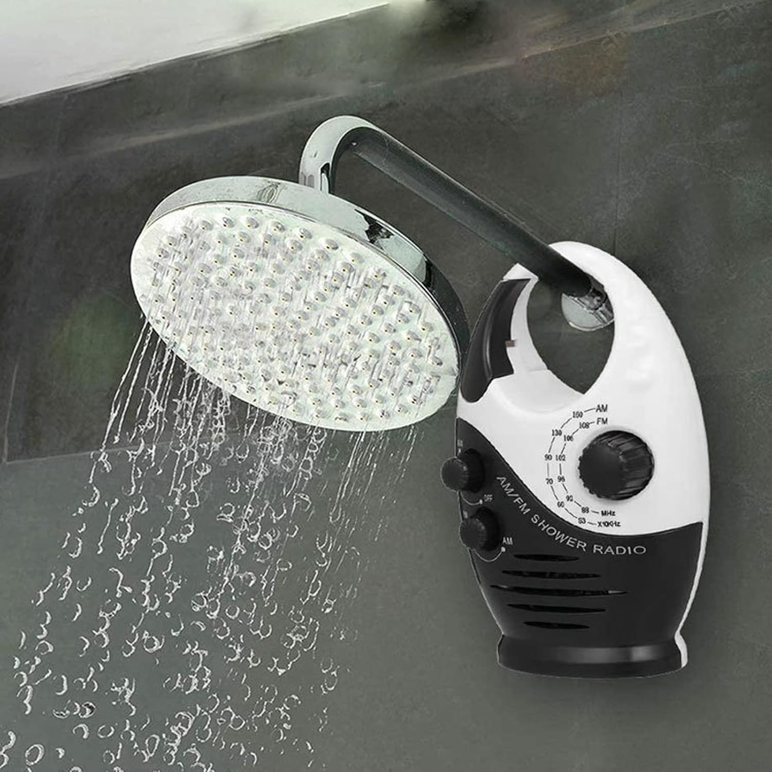 Yunseity Wasserdichtes Duschradio, tragbares AM-FM-Radio mit Hakendesign, batteriebetriebenes Radio, eingebauter Lautsprecher, für Badezimmer, Küche, Outdoor (schwarz) – Bild 3