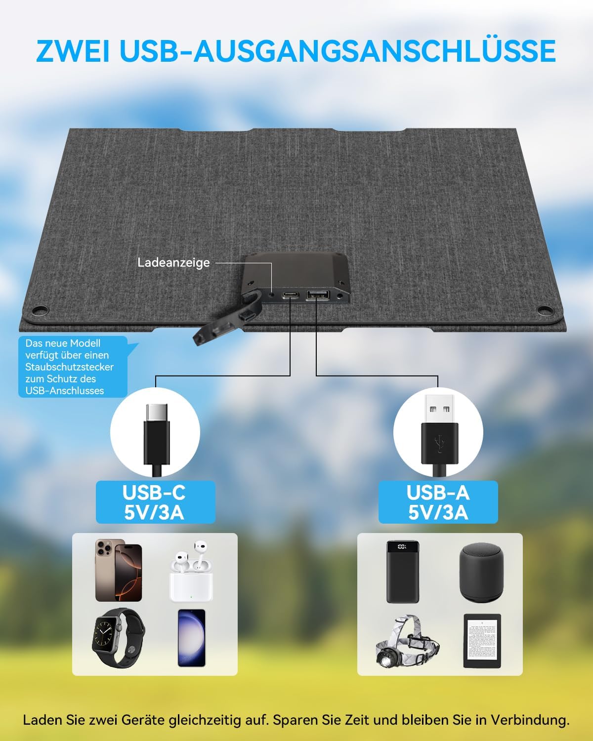 Solarpanel faltbar 30 W Solar-Handy-Ladegerät mit USB-A USB-C wasserdicht | Solarpanel USB C für Camping, Wandern, Rucksackreisen, Solar-Handy-Ladegerät, kompatibel mit iPhone, Samsung, LG, Google – Bild 2