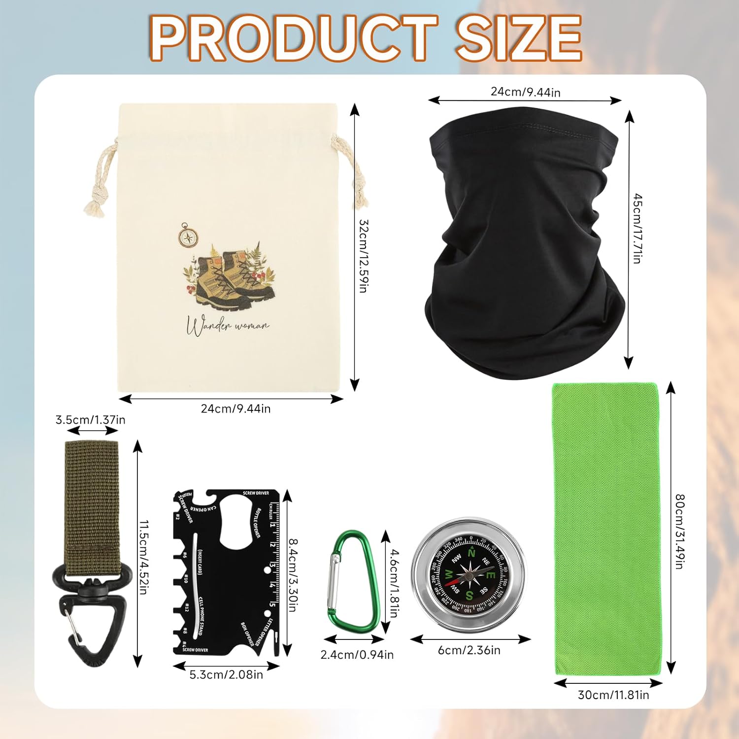 7er-Set Wanderzubehör, Geschenk für Wanderer, Wanderzubehör inklusive Multifunktionswerkzeug, schnell trocknende Sporthandtücher, Schal, Karabiner, Edelstahl-Kompass und Rucksackhaken für den Außenbereich – Bild 2