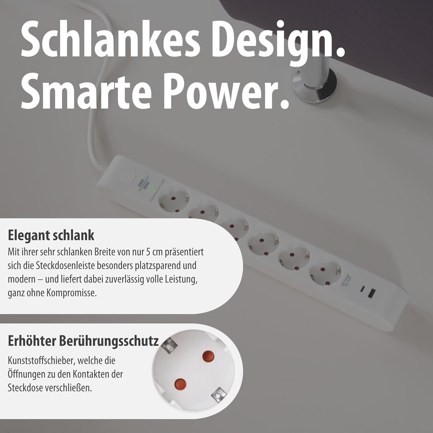 Brennenstuhl 6-fach Steckdosenleiste mit USB und Überspannungsschutz | Mehrfachsteckdose mit 1 x USB C PD 20 W zum Schnellladen und 1 x USB A 20 W, Schalter, 2 m Kabel, weiß – Bild 4