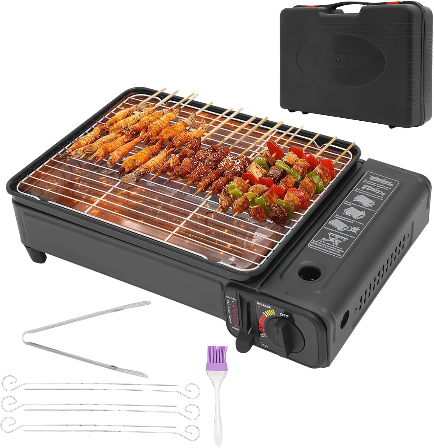 Camping-Gasgrill, 2200 W tragbares Grillset, Tischgrill mit 6 Bratnadeln, 2 Grillnetzen und Koffer, Campingkocher mit Piezo-Zündung und abnehmbarer Tropfschale, für Campingausflüge, Versammlungen