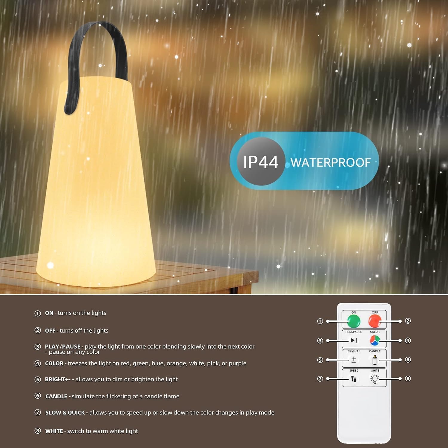 2er-Set LED-Akku-Tischlampen, kabellose Außenlampe, dimmbar, 8 Farben, USB wiederaufladbar, tragbare Campinglampe, Laterne, IP44 wasserdicht, mit Fernbedienung für Balkon, Garten, Camping, Gartendekoration – Bild 6