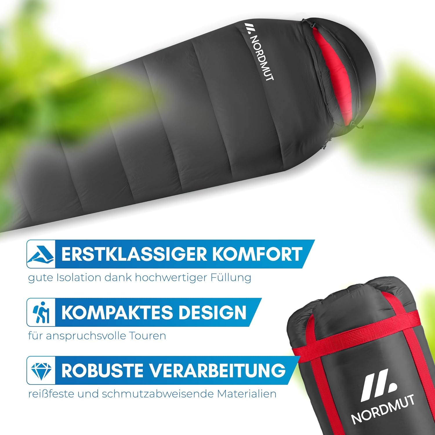 NORDMUT® Schlafsack Erwachsene – kleines Packmaß & Ultraleicht (900/1500g) – 3-Jahreszeiten (250 GSM) & Sommerschlafsack (100 GSM) – Mumienschlafsack für Camping, Outdoor & Festivals – Bild 7