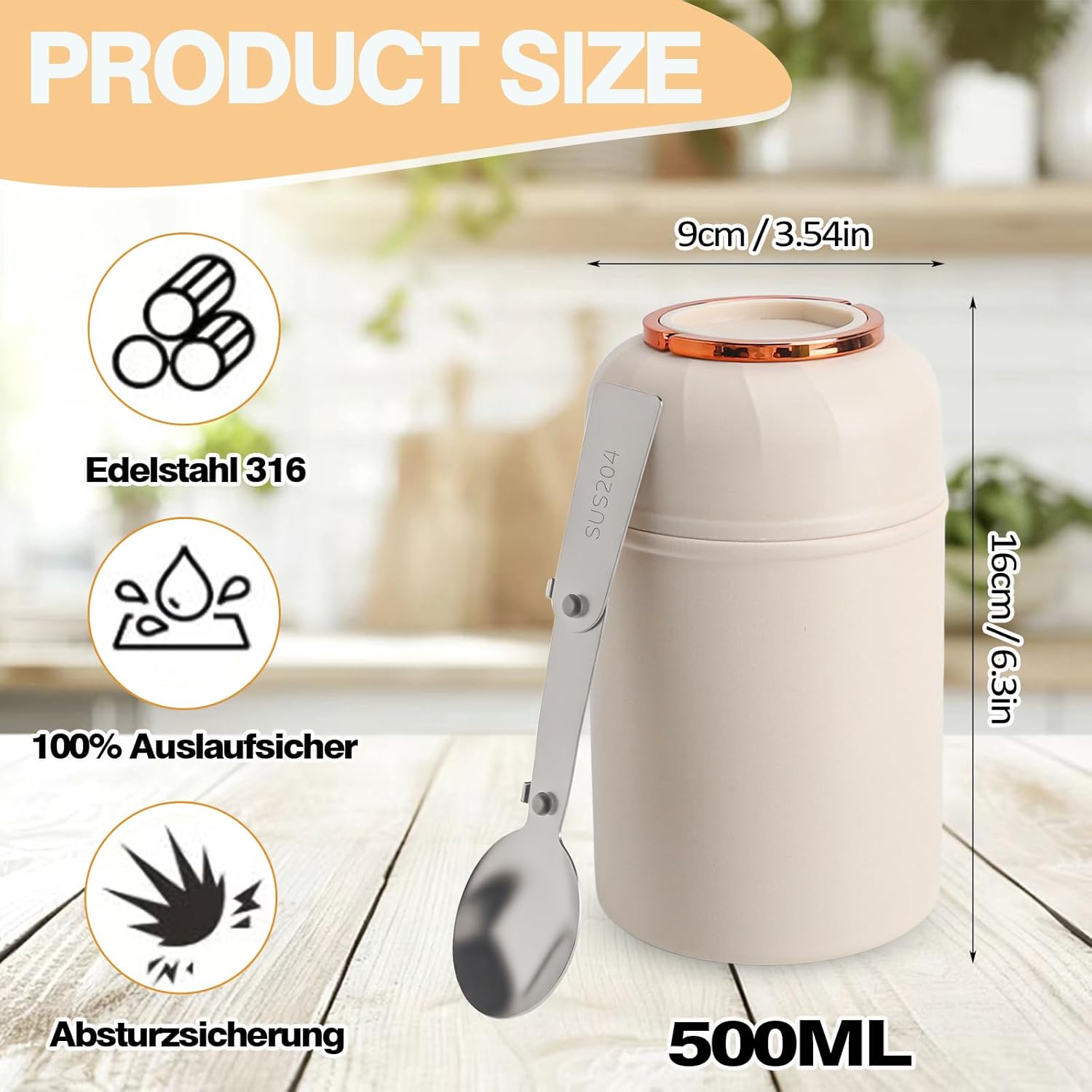 500 ml Thermobehälter für Lebensmittel mit Löffel, Edelstahl Thermobecher Suppe, auslaufsicherer Warmhaltebehälter Lebensmittel, Thermobehälter Suppe Warmhaltebox Lunchbox Thermal für Büro, Arbeit To Go, Camping – Bild 2