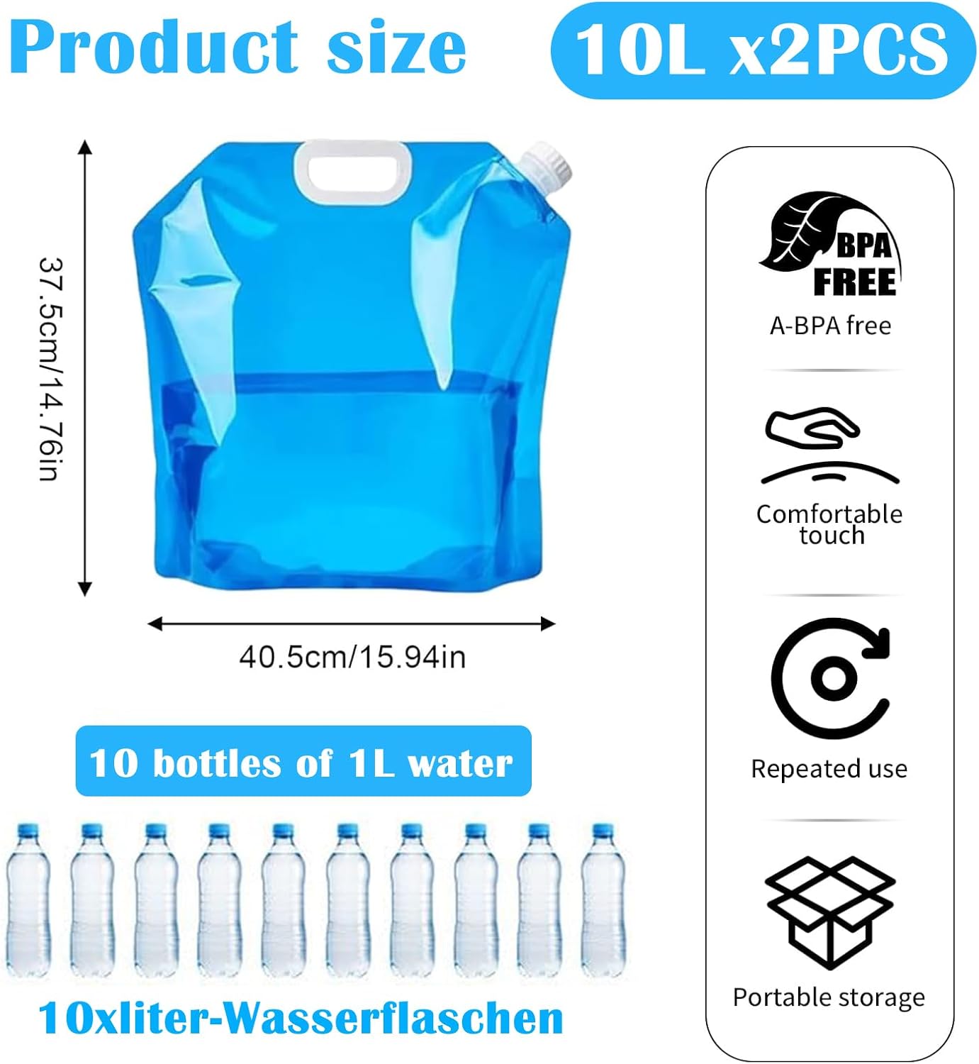 2 Stück Wasserkanister, 10 l, tragbare Wasseraufbewahrungstasche, auslaufsicher, gefrierbarer Camping-Trägertank für den Außenbereich für Sport, Camping, Wandern, Picknick – Bild 2
