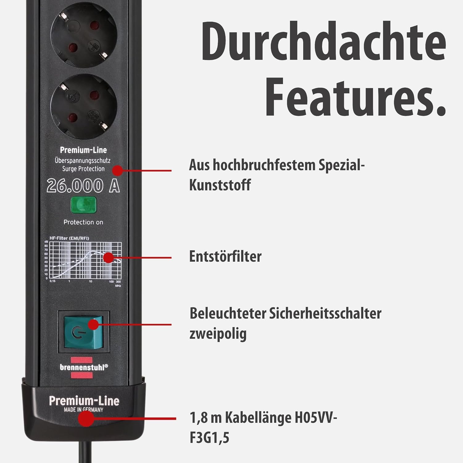 Brennenstuhl Premium-Line Steckdosenleiste 6-fach mit Überspannungsschutz bis zu 26.000 A (Steckerleiste mit 1,8m Kabel und mit Schalter, Made in Germany) schwarz – Bild 4