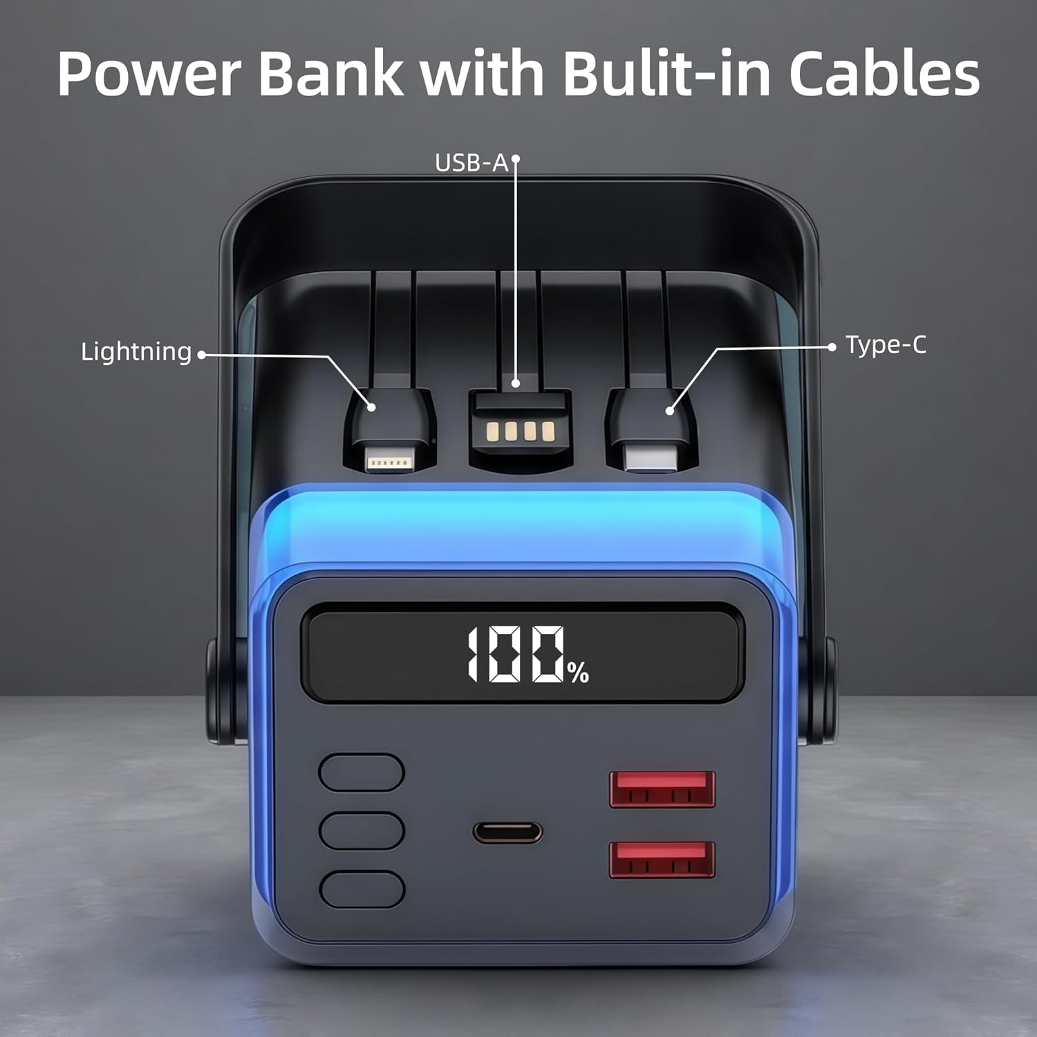 2026 Power Bank 50000 mAh, Powerbank Schnellladefunktion USB C PD 22,5 W, externer Akku mit 3 integrierten Kabeln, Ambientebeleuchtung, 5 Ausgänge & 2 Eingänge, Powerbank für Camping iPhone, Samsung – Bild 8