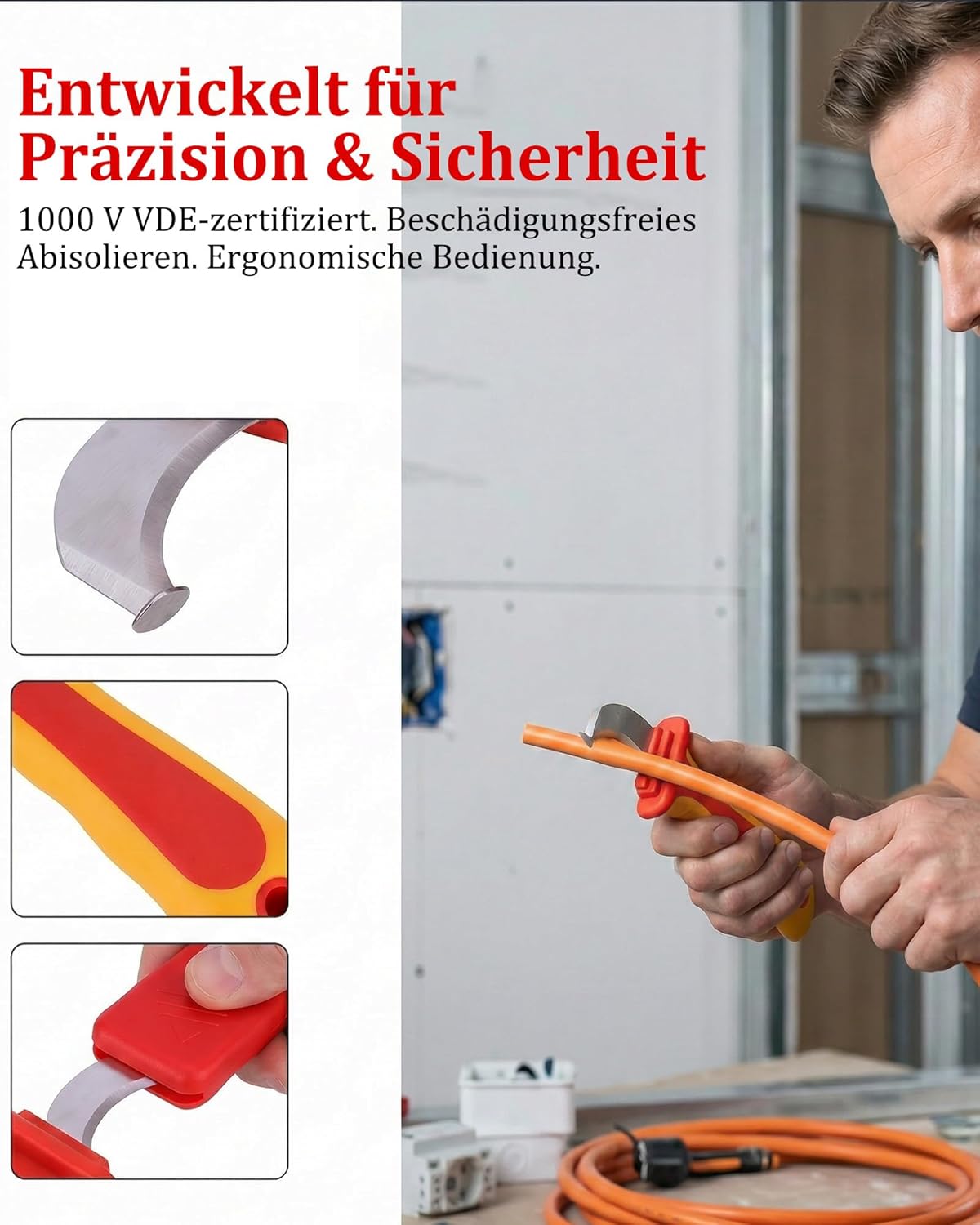1000 V 210 mm Isolations-Elektrikermesser: IEC60900 Kabelabisoliermesser mit ergonomischem Griff für Elektroinstallation und Handwerker – Bild 3