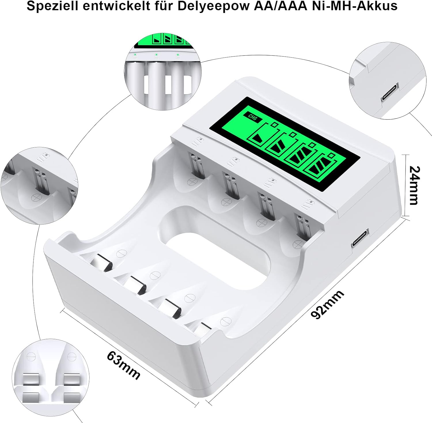 Ladegerät, mit 4 x AA-Batterien + 4 x AAA-Akkus, NiMH 1,2 V, 4 Ladeplätze mit LCD-Display für NI-MH AA AAA-Akkus – Bild 2