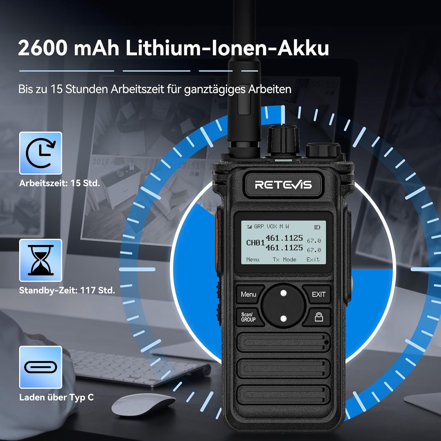 Retevis RT86S Walkie Talkies mit großer Reichweite, professionelle Funkgeräte der nächsten Generation RT86, Typ C, LCD, Gruppenruf, 2600 mAh, Handfunkgeräte für Logistik, Schulen (Schwarz, 2 Stück) – Bild 4