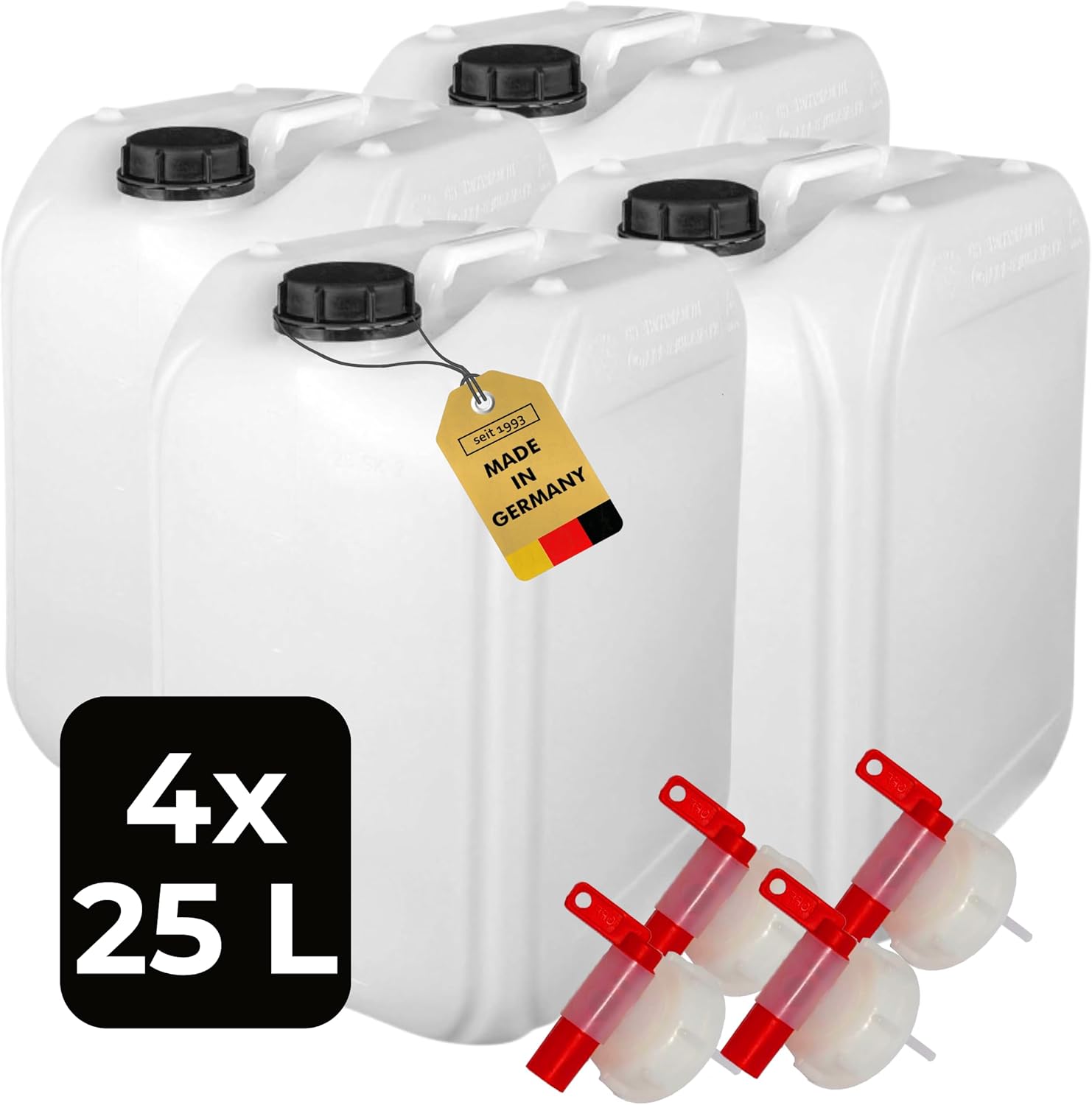 ABACUS 4 x 25 Liter Wasserkanister, Natur, Chemikalienkanister, Auslaufhahn und Deckel (DIN 61), lebensmittelecht, für den Innen- und Außenbereich, BPA-frei, säurebeständig, mit Skala zum Ablesen des Füllstands