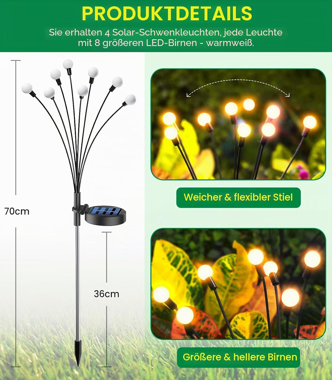 GEARLITE Firefly-Solarleuchten für den Garten im Freien, 4 Stück, 32 LEDs, superhell, 2 Lichtmodi, Firefly-Solarleuchten für den Außenbereich mit warmweißem Licht, IP65, wasserdicht, Schaukel-Gartendekoration für Weg, Hof – Bild 6