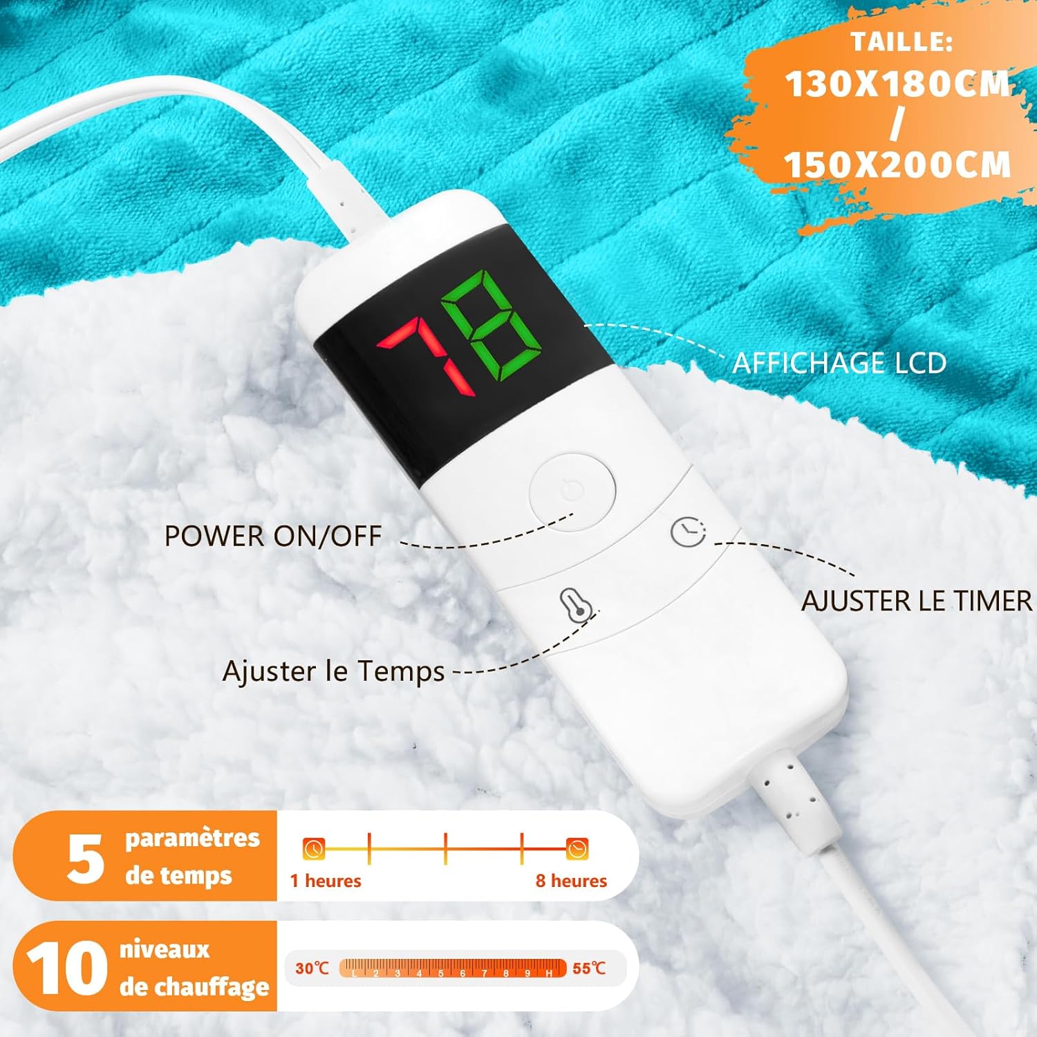 BOMOVA Heizdecke, Wärmedecke mit Abschaltautomatik, Kuscheldecke, flauschige Weihnachten, 10 Heizstufen und 5-Stunden-Timer, Geschenke für Frauen, Weihnachtsdekoration fürs Bett, Couchdecke, 130 x 180 cm, Seeblau – Bild 2