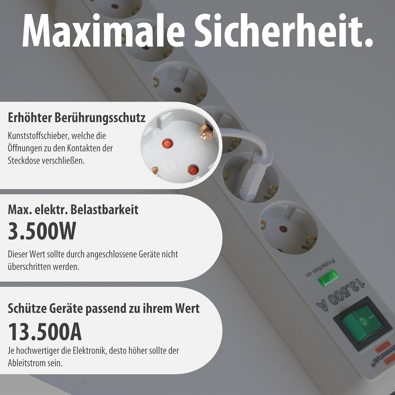 Brennenstuhl Eco-Line 6-fach Steckdosenleiste mit Überspannungsschutz (Steckdosenleiste mit erhöhtem Berührungsschutz, Ein-/Ausschalter und 1,5 m Kabel), PC-Grau – Bild 5